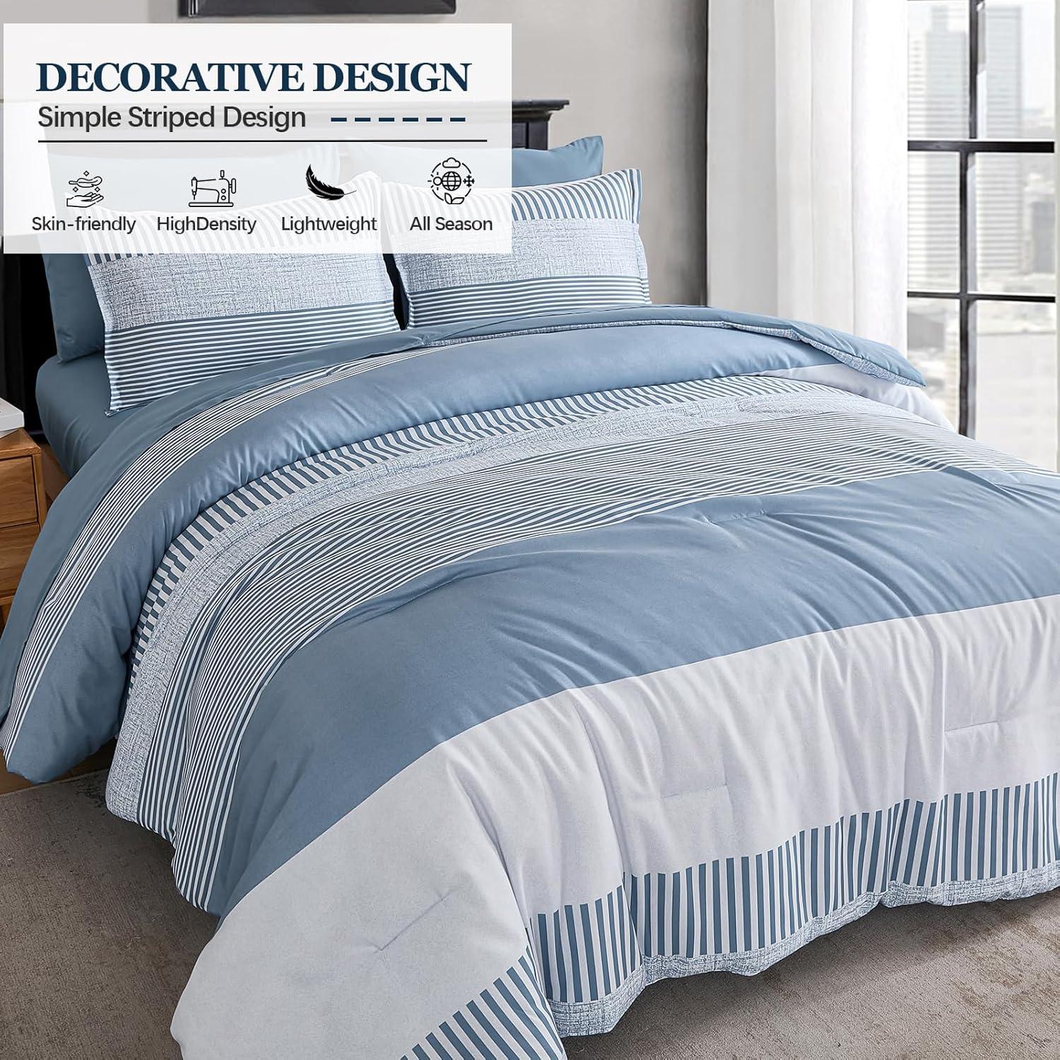 imageBlue Comforter Set Queen SizeBoho Striped Comforters for Boys ampamp Girls7 Pieces Bed in A Bag Simple NeutralStyle Bedding Sets for Kids TeenBlue