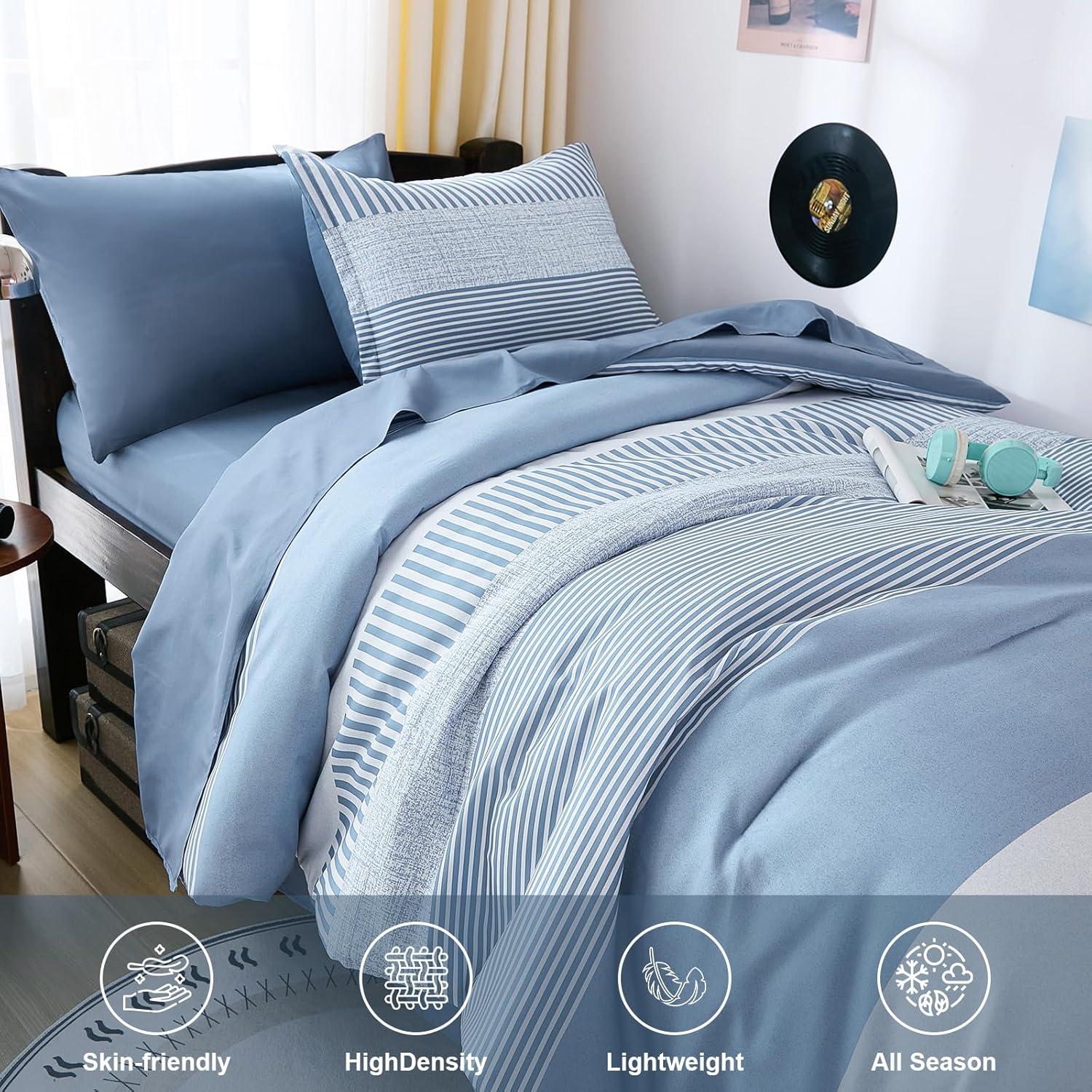 imageBlue Comforter Set Queen SizeBoho Striped Comforters for Boys ampamp Girls7 Pieces Bed in A Bag Simple NeutralStyle Bedding Sets for Kids TeenBlue