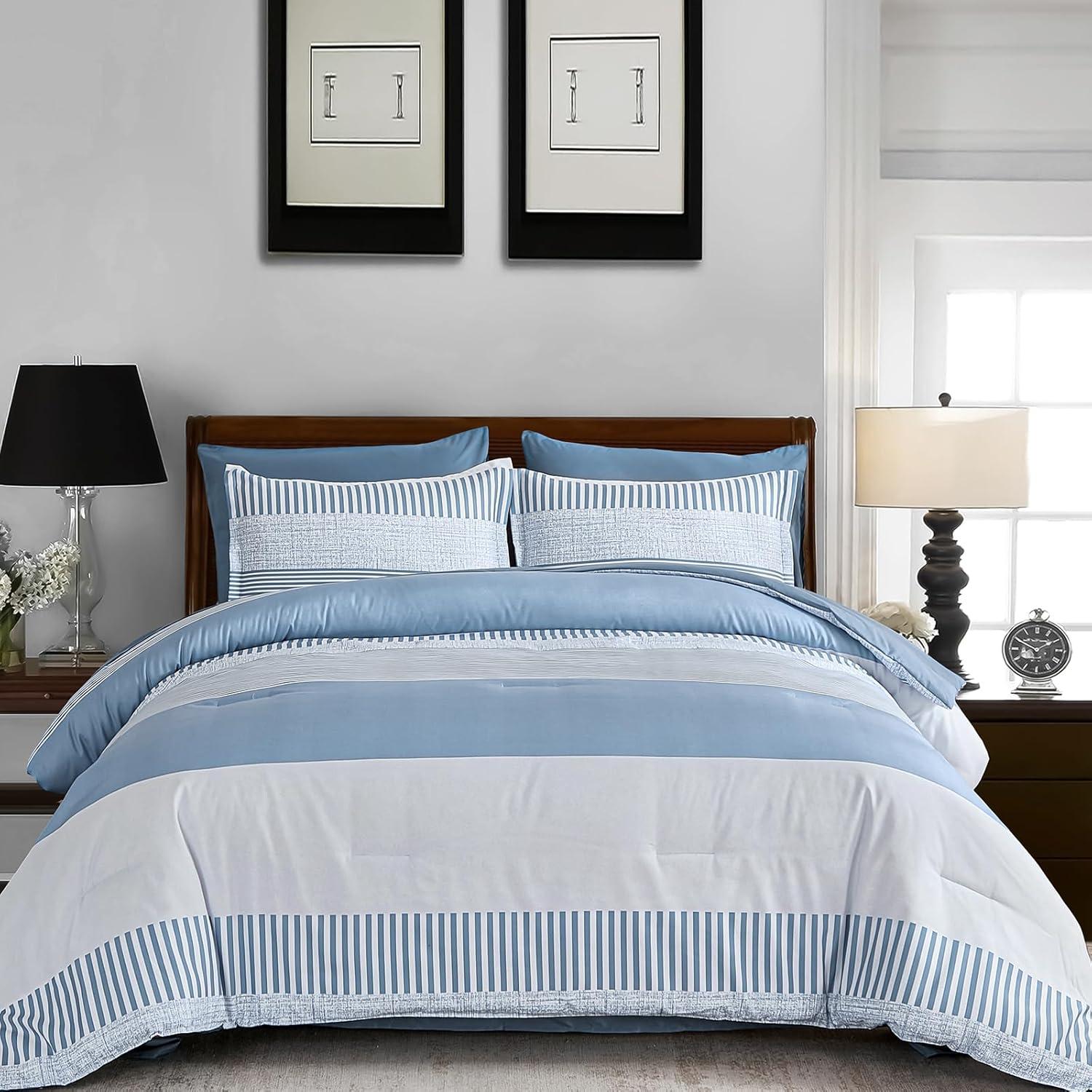 imageBlue Comforter Set Queen SizeBoho Striped Comforters for Boys ampamp Girls7 Pieces Bed in A Bag Simple NeutralStyle Bedding Sets for Kids TeenBlue