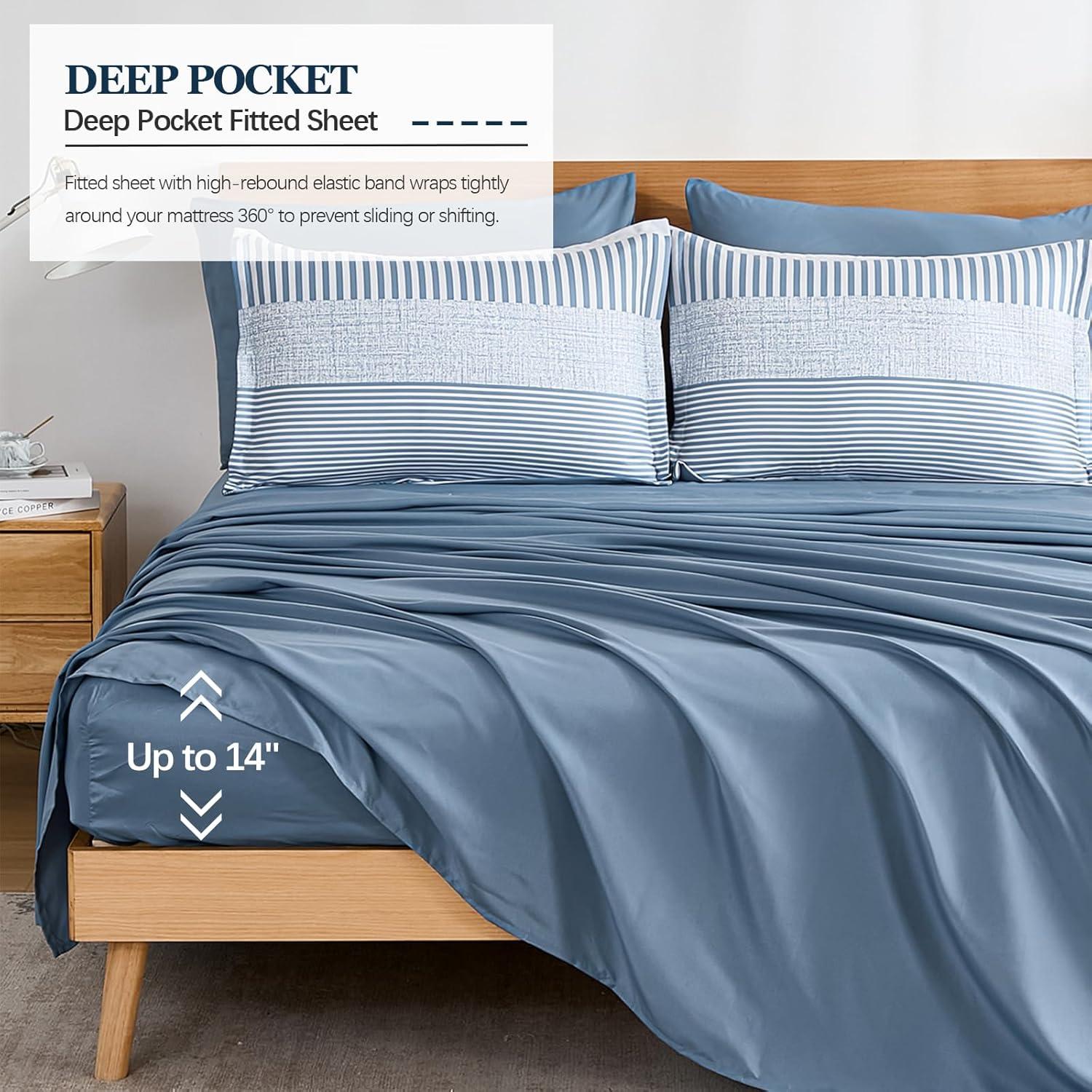 imageBlue Comforter Set Queen SizeBoho Striped Comforters for Boys ampamp Girls7 Pieces Bed in A Bag Simple NeutralStyle Bedding Sets for Kids TeenBlue