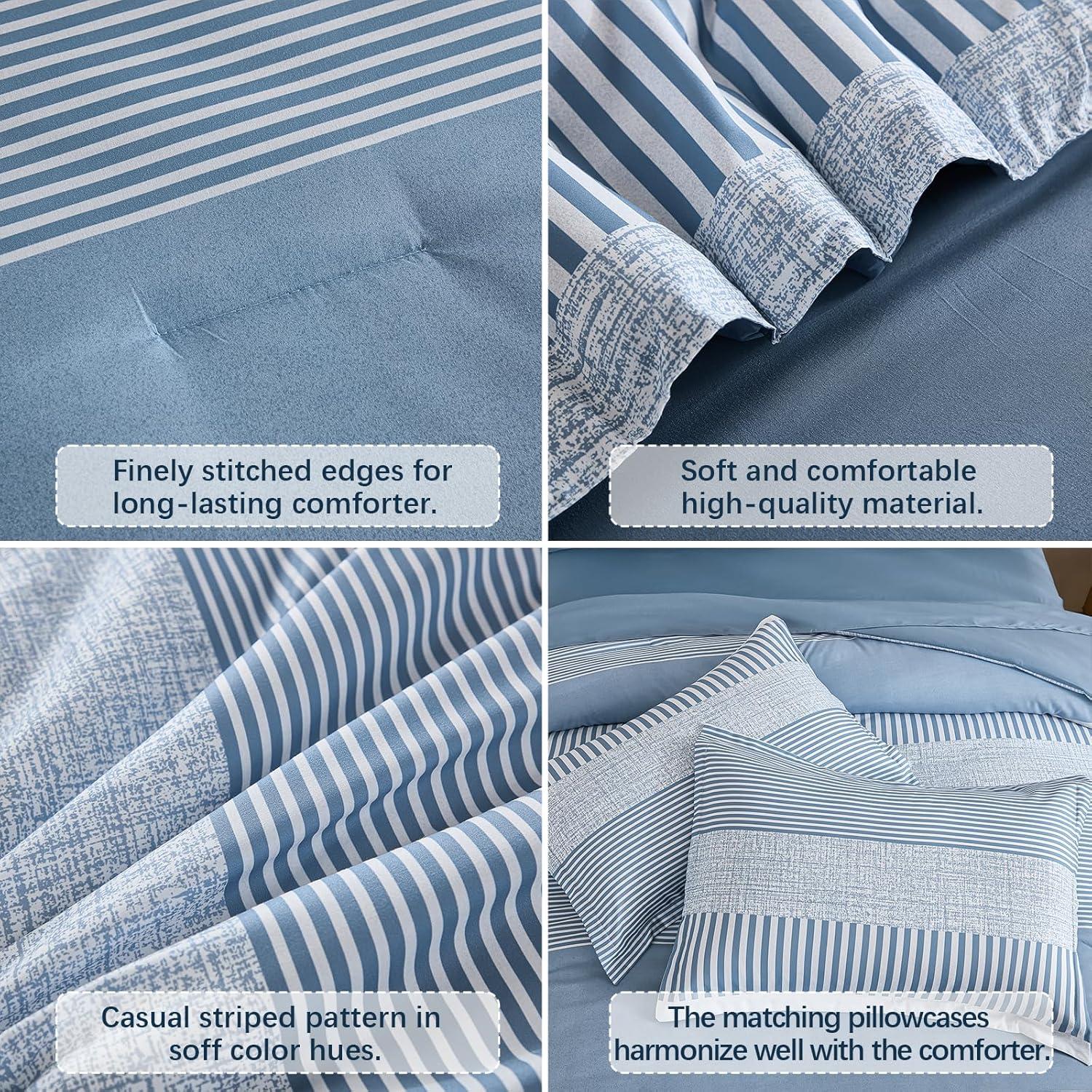 imageBlue Comforter Set Queen SizeBoho Striped Comforters for Boys ampamp Girls7 Pieces Bed in A Bag Simple NeutralStyle Bedding Sets for Kids TeenBlue