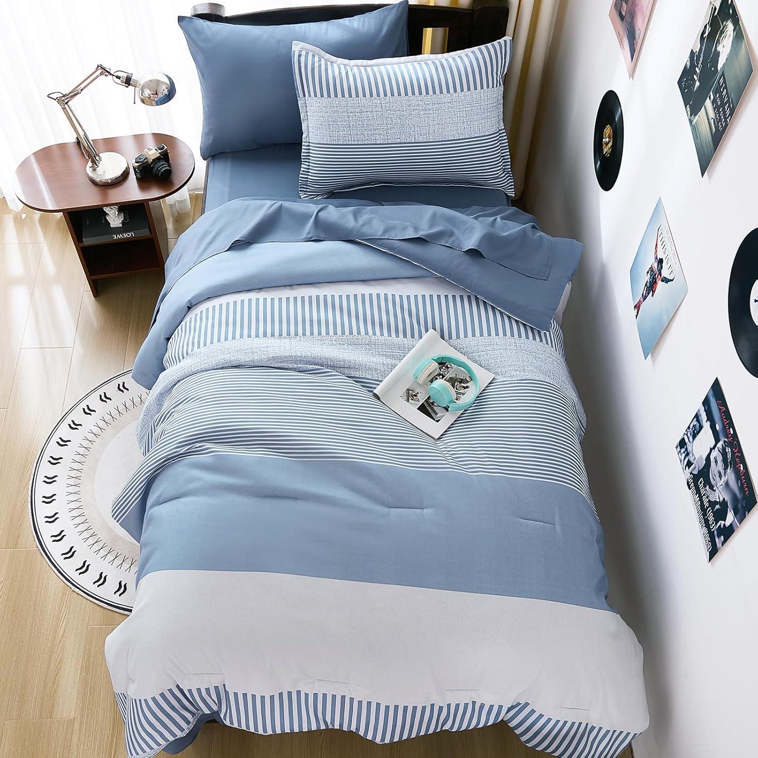 imageBlue Comforter Set Queen SizeBoho Striped Comforters for Boys ampamp Girls7 Pieces Bed in A Bag Simple NeutralStyle Bedding Sets for Kids TeenBlue
