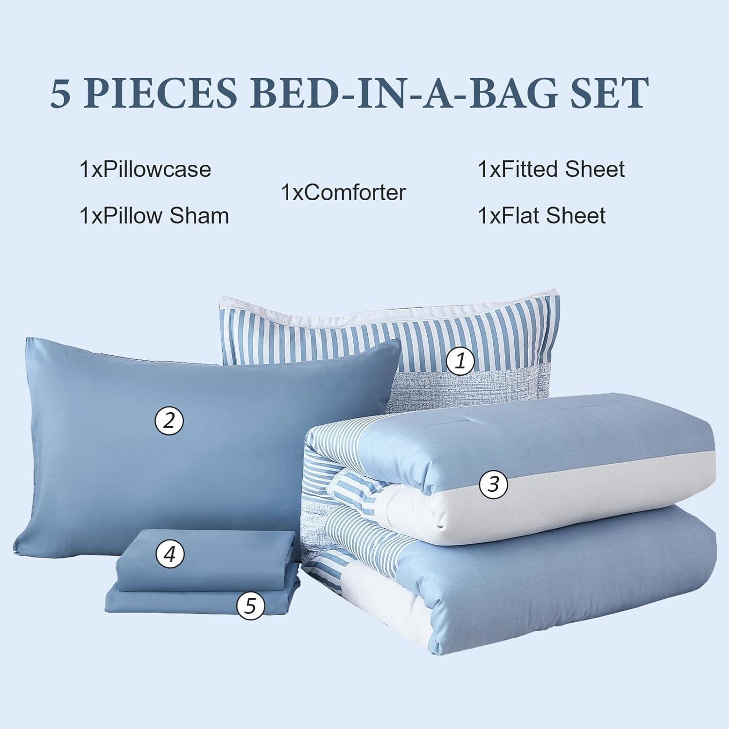 imageBlue Comforter Set Queen SizeBoho Striped Comforters for Boys ampamp Girls7 Pieces Bed in A Bag Simple NeutralStyle Bedding Sets for Kids TeenBlue