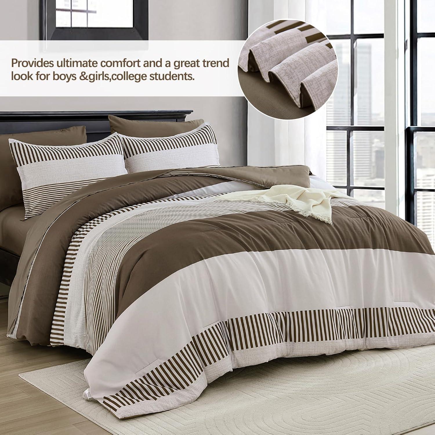 imageBlue Comforter Set Queen SizeBoho Striped Comforters for Boys ampamp Girls7 Pieces Bed in A Bag Simple NeutralStyle Bedding Sets for Kids TeenBrown