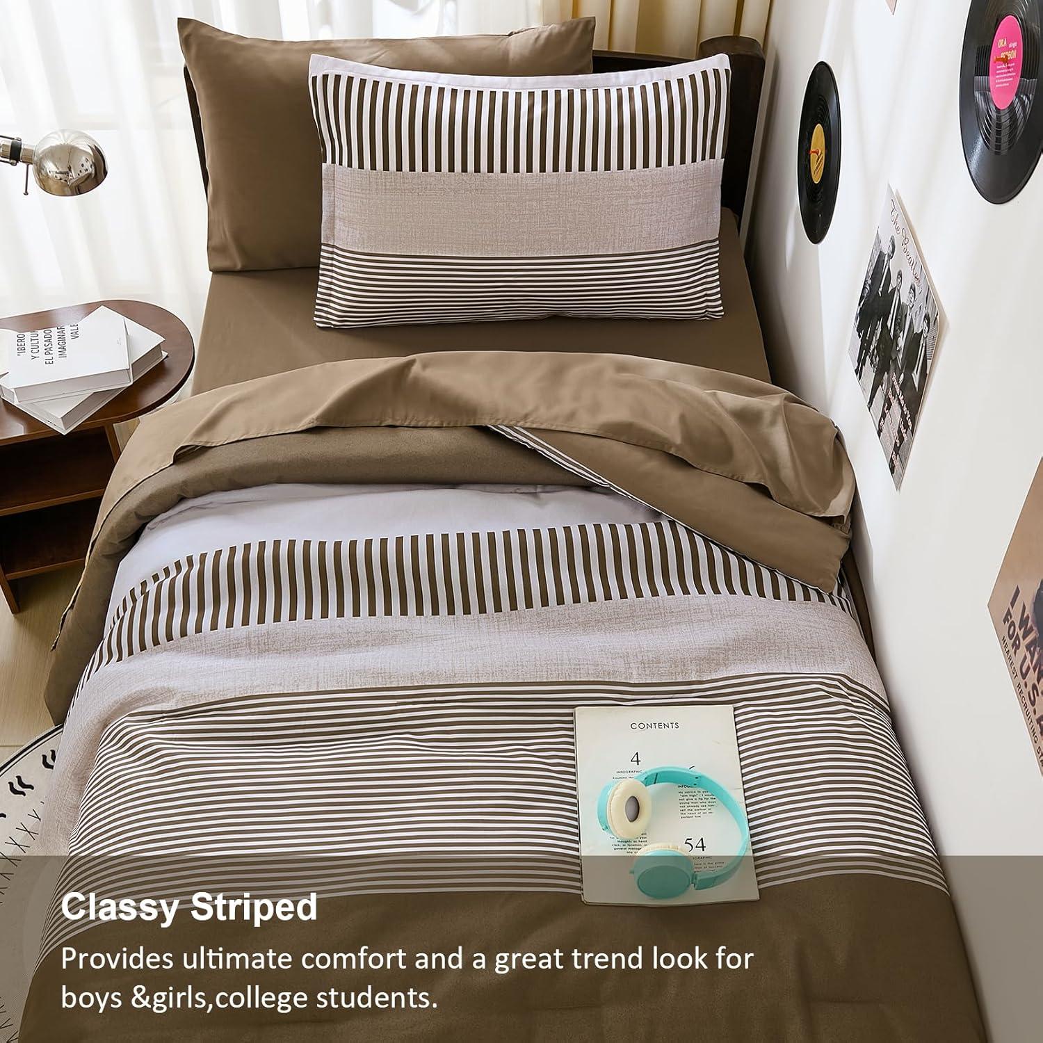 imageBlue Comforter Set Queen SizeBoho Striped Comforters for Boys ampamp Girls7 Pieces Bed in A Bag Simple NeutralStyle Bedding Sets for Kids TeenBrown
