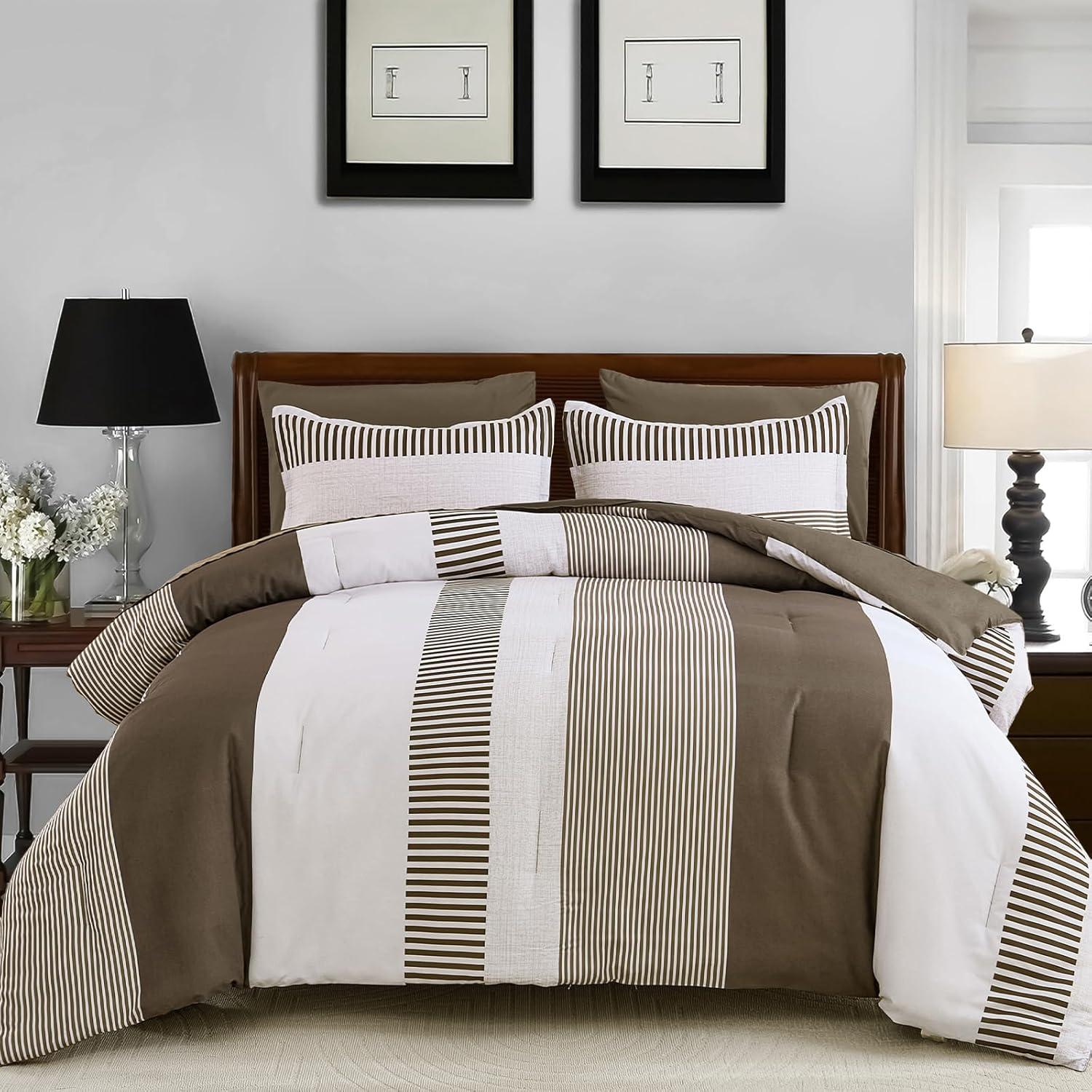 imageBlue Comforter Set Queen SizeBoho Striped Comforters for Boys ampamp Girls7 Pieces Bed in A Bag Simple NeutralStyle Bedding Sets for Kids TeenBrown