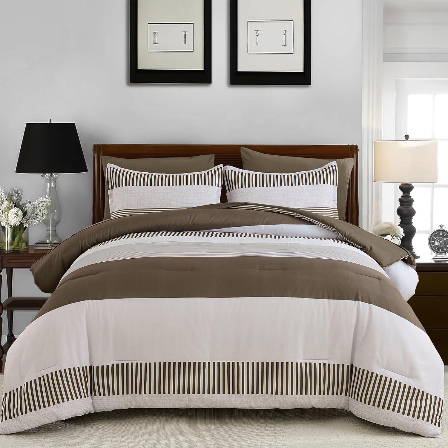 imageBlue Comforter Set Queen SizeBoho Striped Comforters for Boys ampamp Girls7 Pieces Bed in A Bag Simple NeutralStyle Bedding Sets for Kids TeenBrown