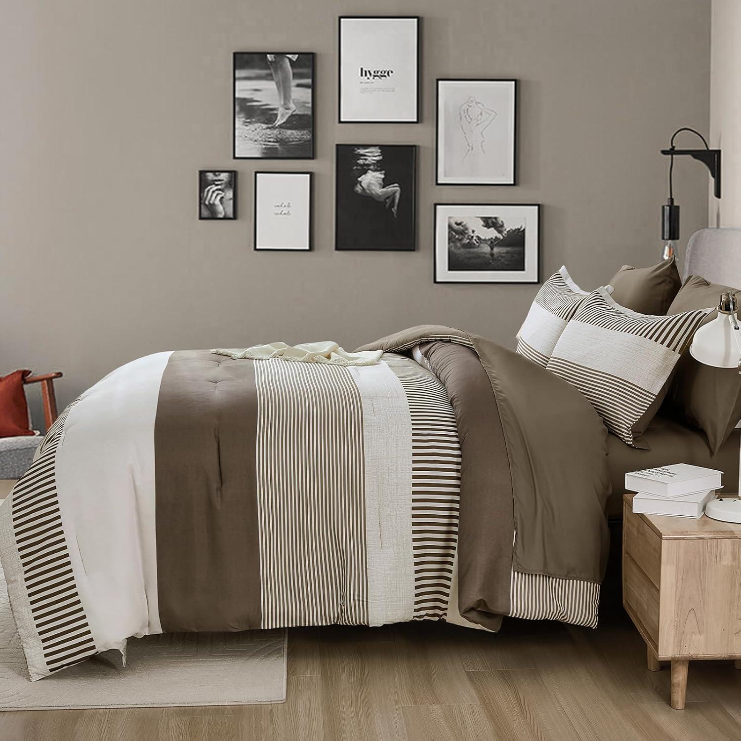 imageBlue Comforter Set Queen SizeBoho Striped Comforters for Boys ampamp Girls7 Pieces Bed in A Bag Simple NeutralStyle Bedding Sets for Kids TeenBrown
