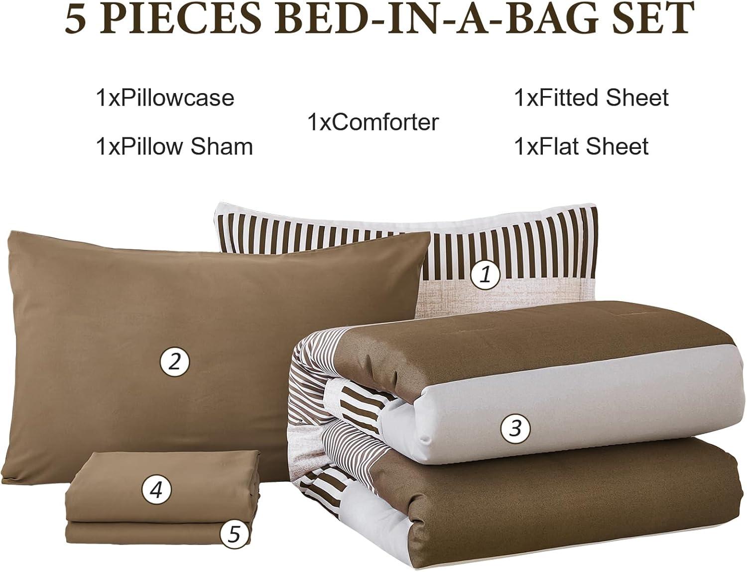 imageBlue Comforter Set Queen SizeBoho Striped Comforters for Boys ampamp Girls7 Pieces Bed in A Bag Simple NeutralStyle Bedding Sets for Kids TeenBrown