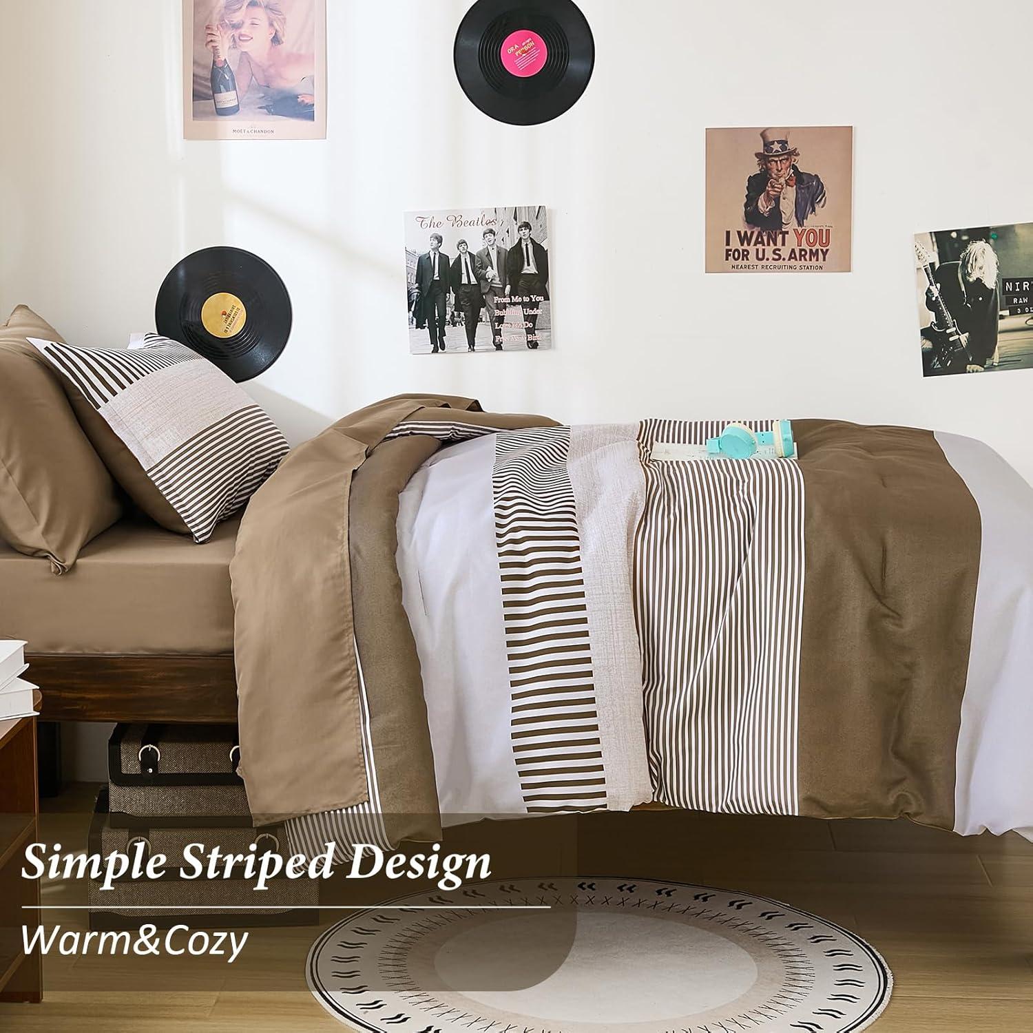 imageBlue Comforter Set Queen SizeBoho Striped Comforters for Boys ampamp Girls7 Pieces Bed in A Bag Simple NeutralStyle Bedding Sets for Kids TeenBrown