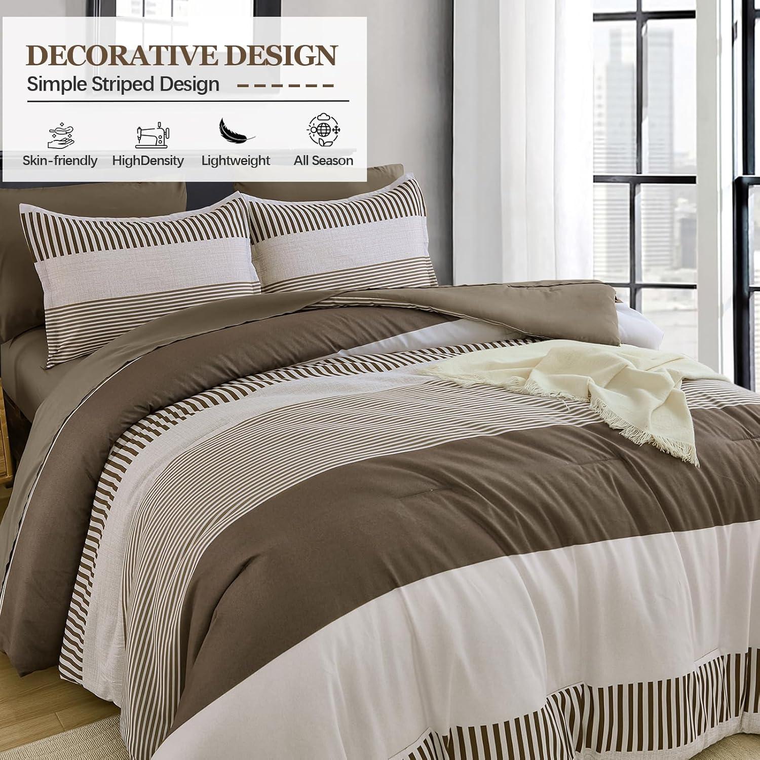 imageBlue Comforter Set Queen SizeBoho Striped Comforters for Boys ampamp Girls7 Pieces Bed in A Bag Simple NeutralStyle Bedding Sets for Kids TeenBrown