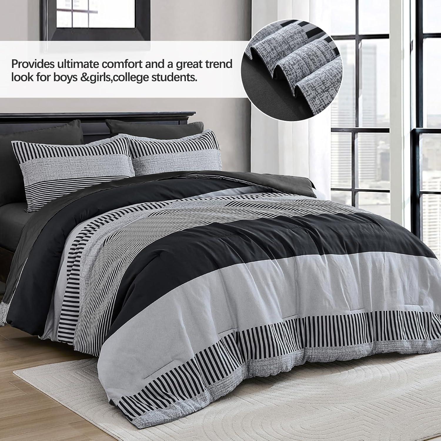 imageBlue Comforter Set Queen SizeBoho Striped Comforters for Boys ampamp Girls7 Pieces Bed in A Bag Simple NeutralStyle Bedding Sets for Kids TeenDark Gray