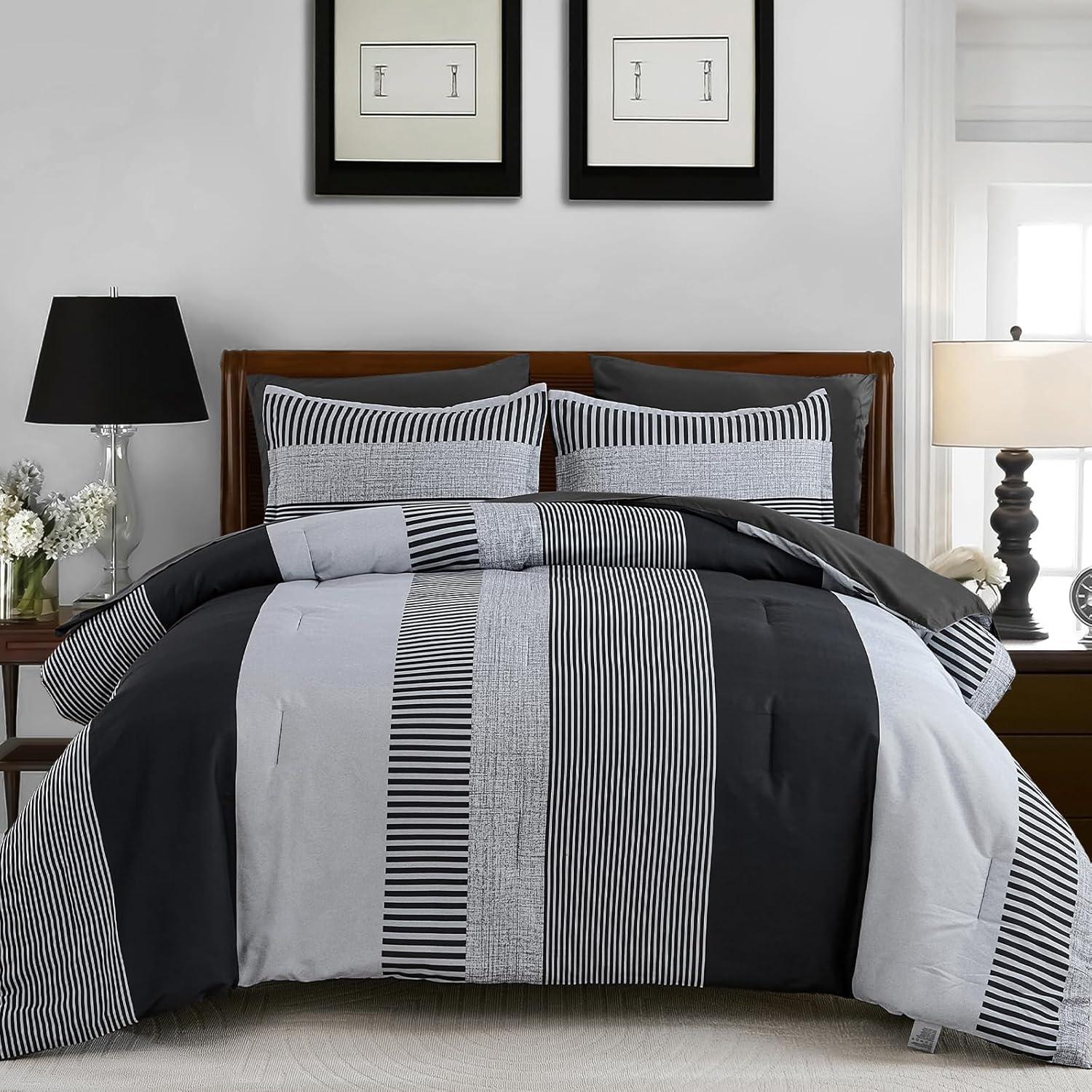 imageBlue Comforter Set Queen SizeBoho Striped Comforters for Boys ampamp Girls7 Pieces Bed in A Bag Simple NeutralStyle Bedding Sets for Kids TeenDark Gray