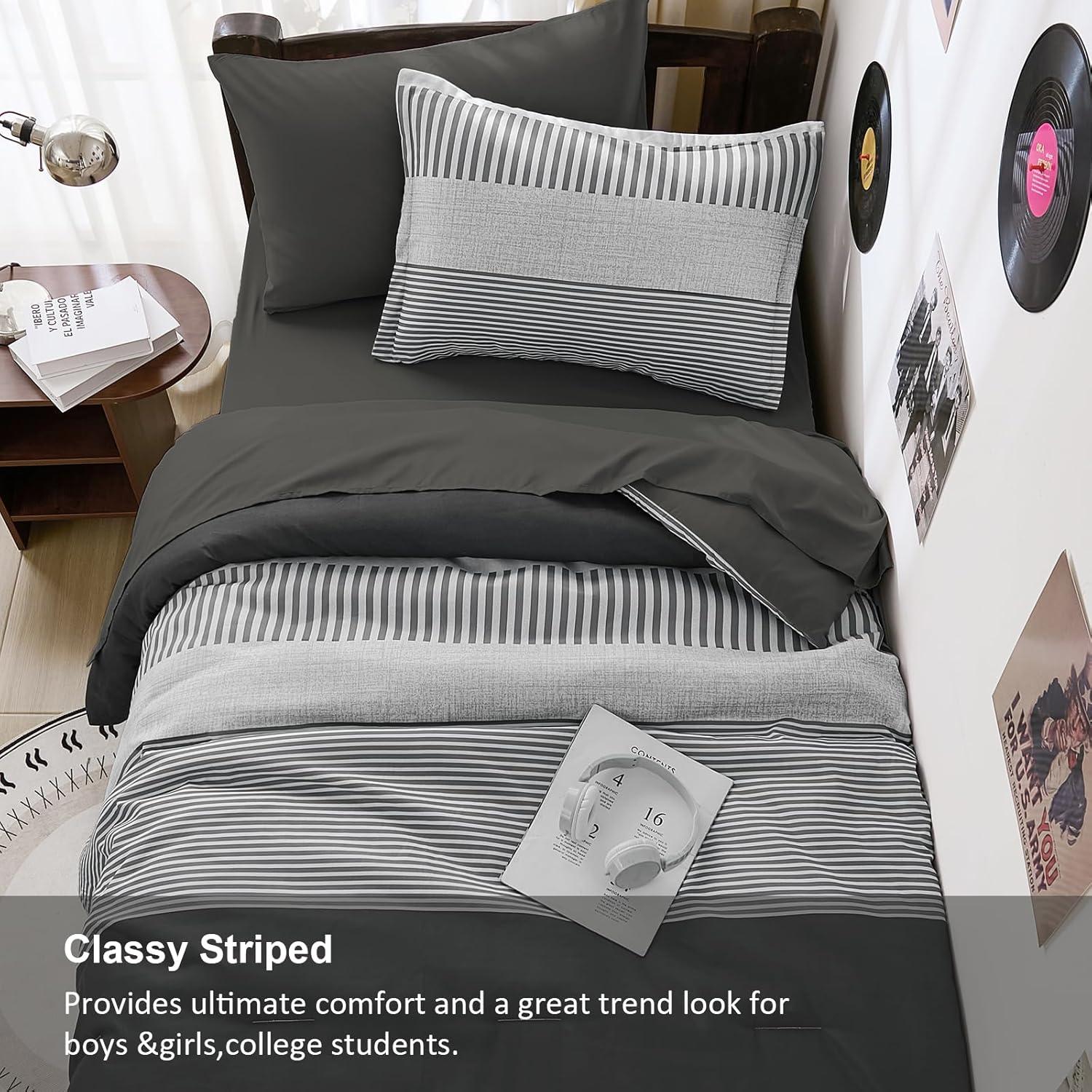 imageBlue Comforter Set Queen SizeBoho Striped Comforters for Boys ampamp Girls7 Pieces Bed in A Bag Simple NeutralStyle Bedding Sets for Kids TeenDark Gray