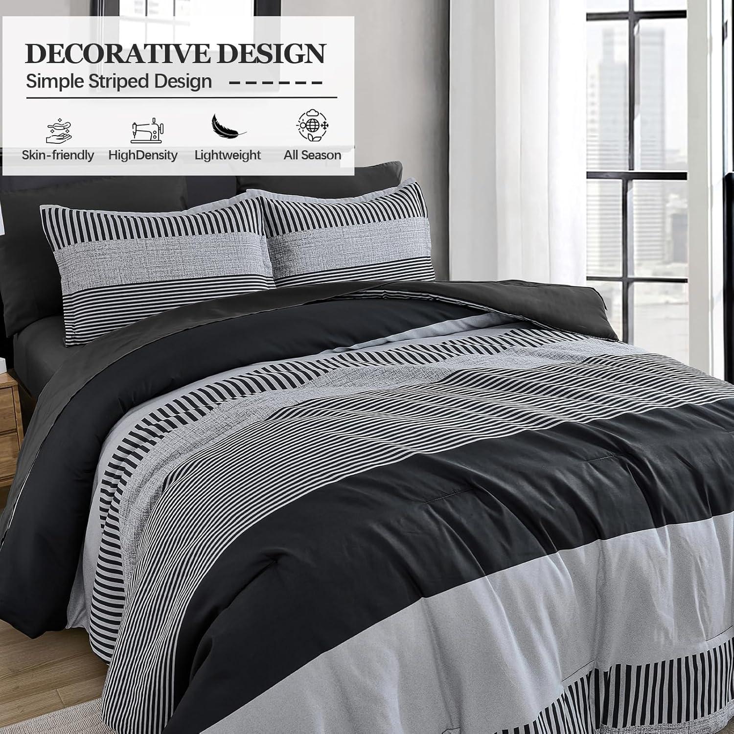 imageBlue Comforter Set Queen SizeBoho Striped Comforters for Boys ampamp Girls7 Pieces Bed in A Bag Simple NeutralStyle Bedding Sets for Kids TeenDark Gray