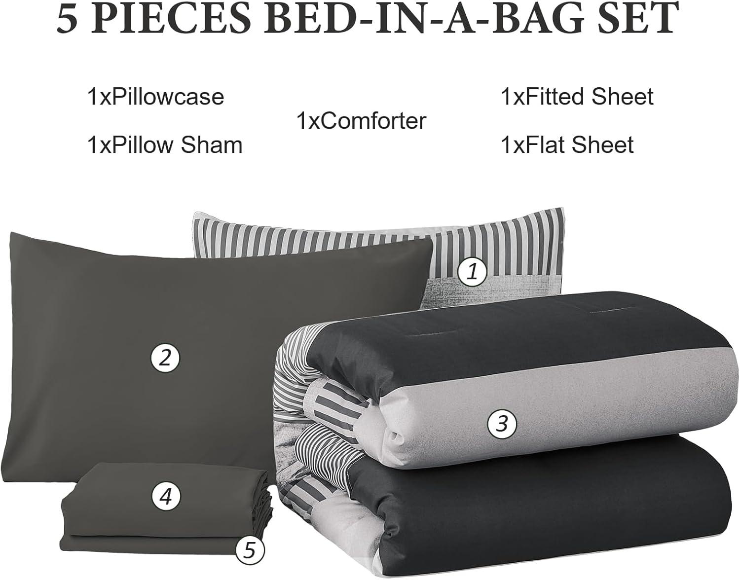 imageBlue Comforter Set Queen SizeBoho Striped Comforters for Boys ampamp Girls7 Pieces Bed in A Bag Simple NeutralStyle Bedding Sets for Kids TeenDark Gray