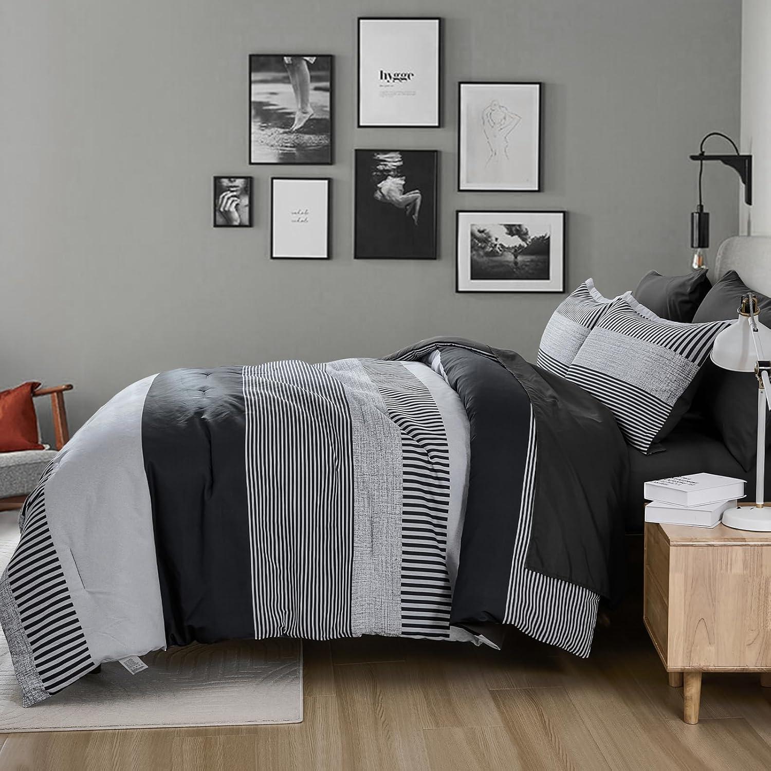 imageBlue Comforter Set Queen SizeBoho Striped Comforters for Boys ampamp Girls7 Pieces Bed in A Bag Simple NeutralStyle Bedding Sets for Kids TeenDark Gray