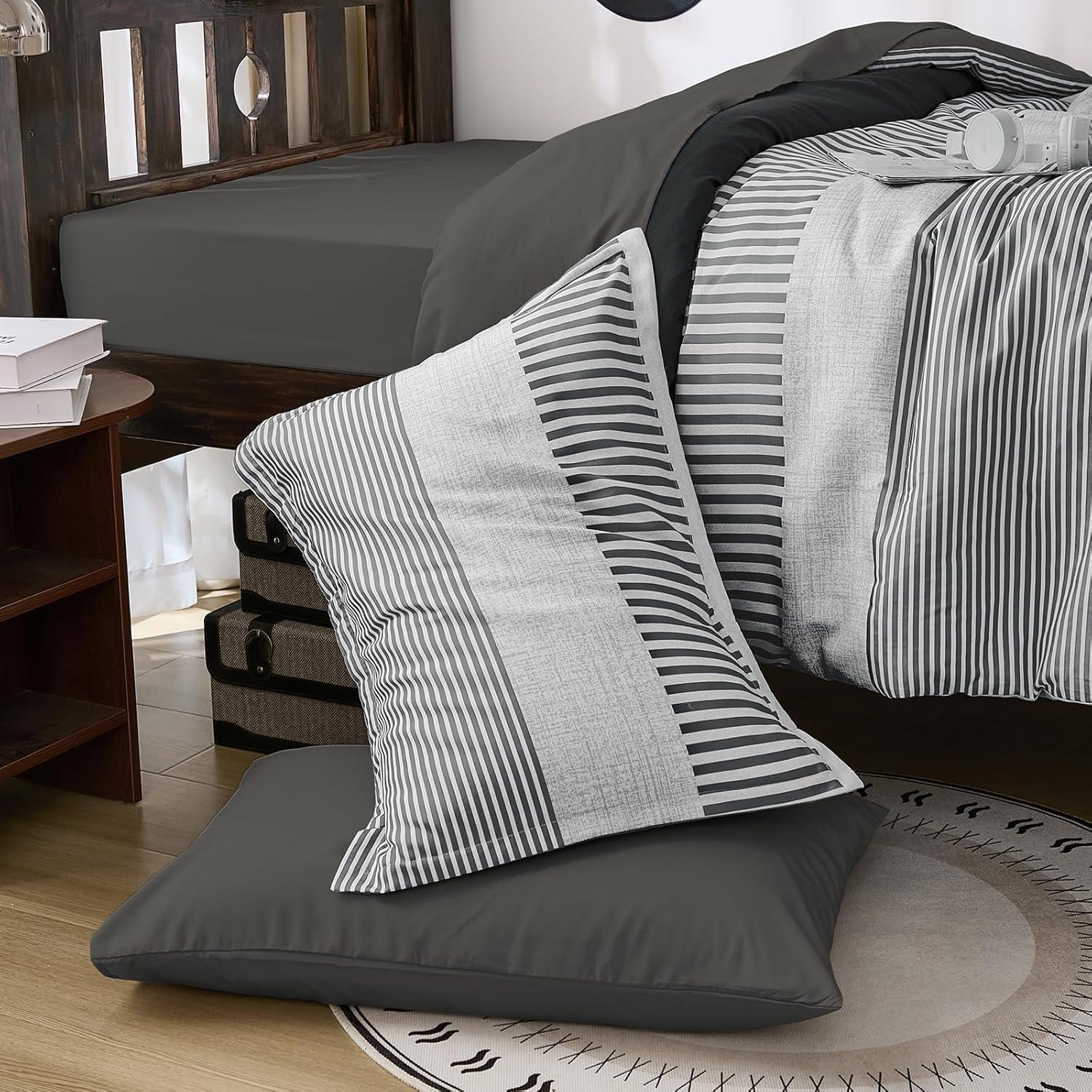 imageBlue Comforter Set Queen SizeBoho Striped Comforters for Boys ampamp Girls7 Pieces Bed in A Bag Simple NeutralStyle Bedding Sets for Kids TeenDark Gray