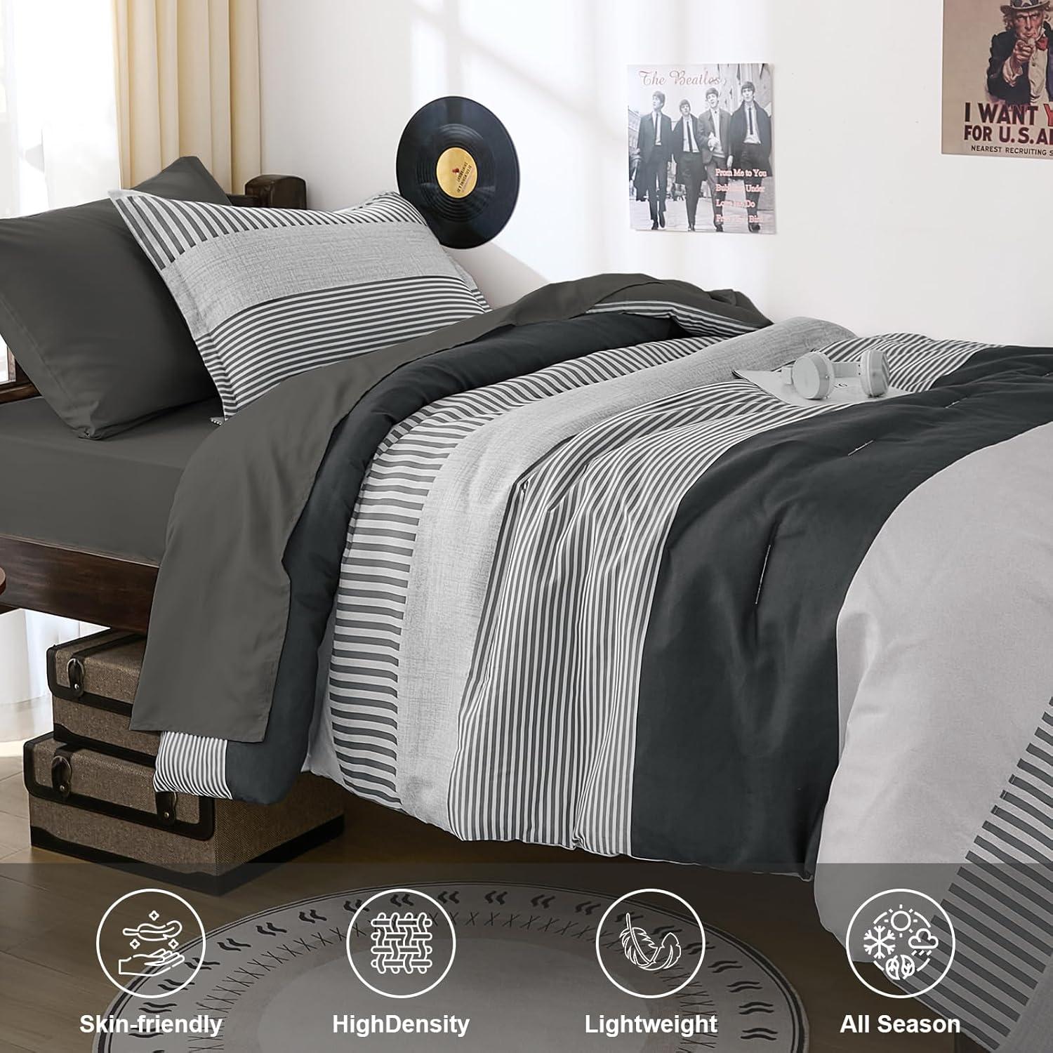 imageBlue Comforter Set Queen SizeBoho Striped Comforters for Boys ampamp Girls7 Pieces Bed in A Bag Simple NeutralStyle Bedding Sets for Kids TeenDark Gray