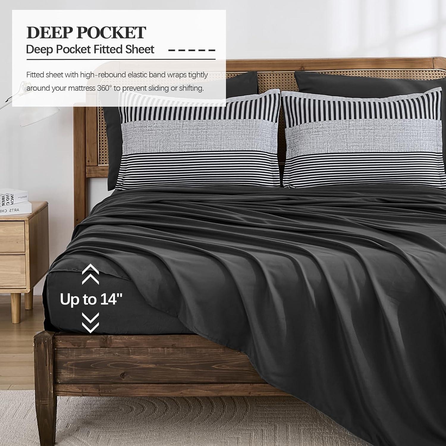 imageBlue Comforter Set Queen SizeBoho Striped Comforters for Boys ampamp Girls7 Pieces Bed in A Bag Simple NeutralStyle Bedding Sets for Kids TeenDark Gray