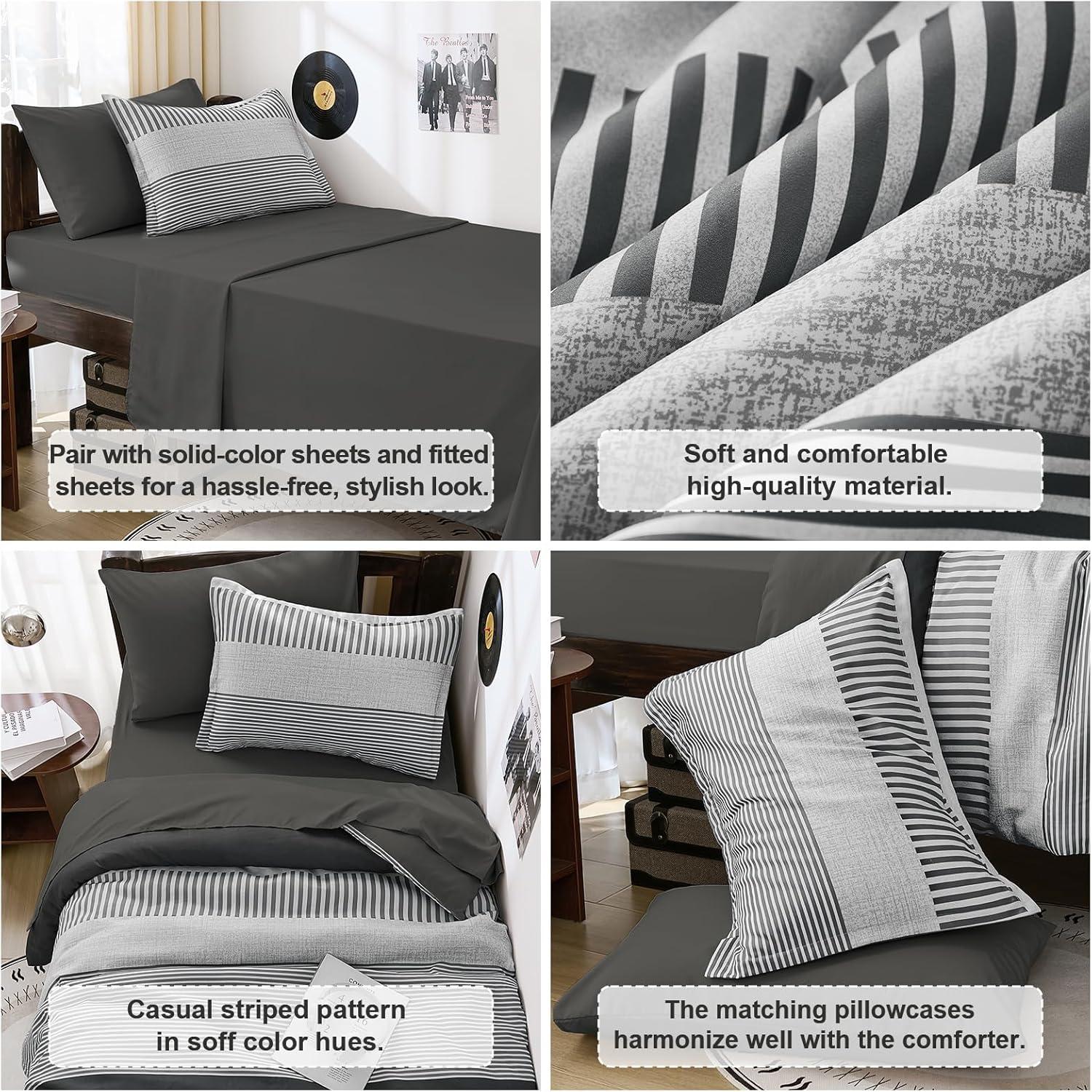 imageBlue Comforter Set Queen SizeBoho Striped Comforters for Boys ampamp Girls7 Pieces Bed in A Bag Simple NeutralStyle Bedding Sets for Kids TeenDark Gray