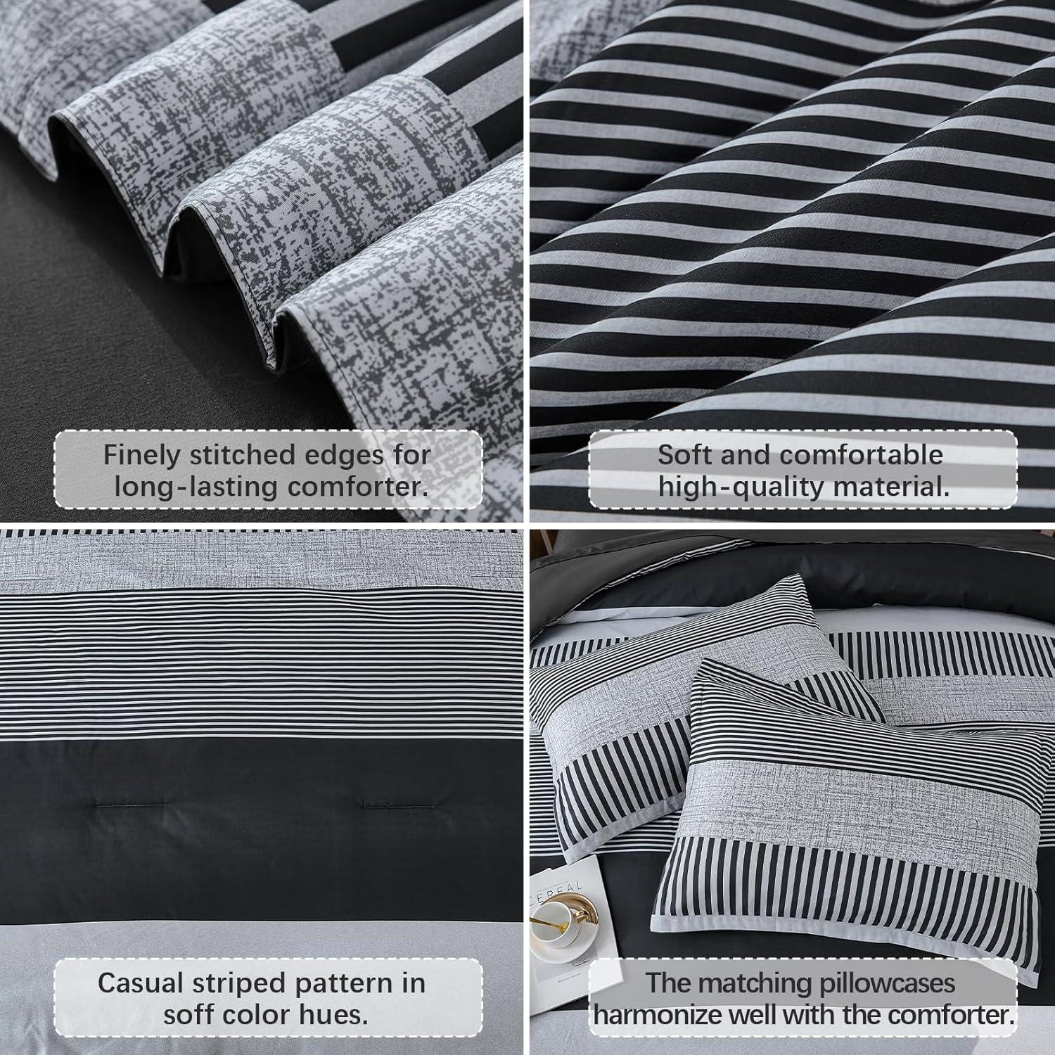 imageBlue Comforter Set Queen SizeBoho Striped Comforters for Boys ampamp Girls7 Pieces Bed in A Bag Simple NeutralStyle Bedding Sets for Kids TeenDark Gray