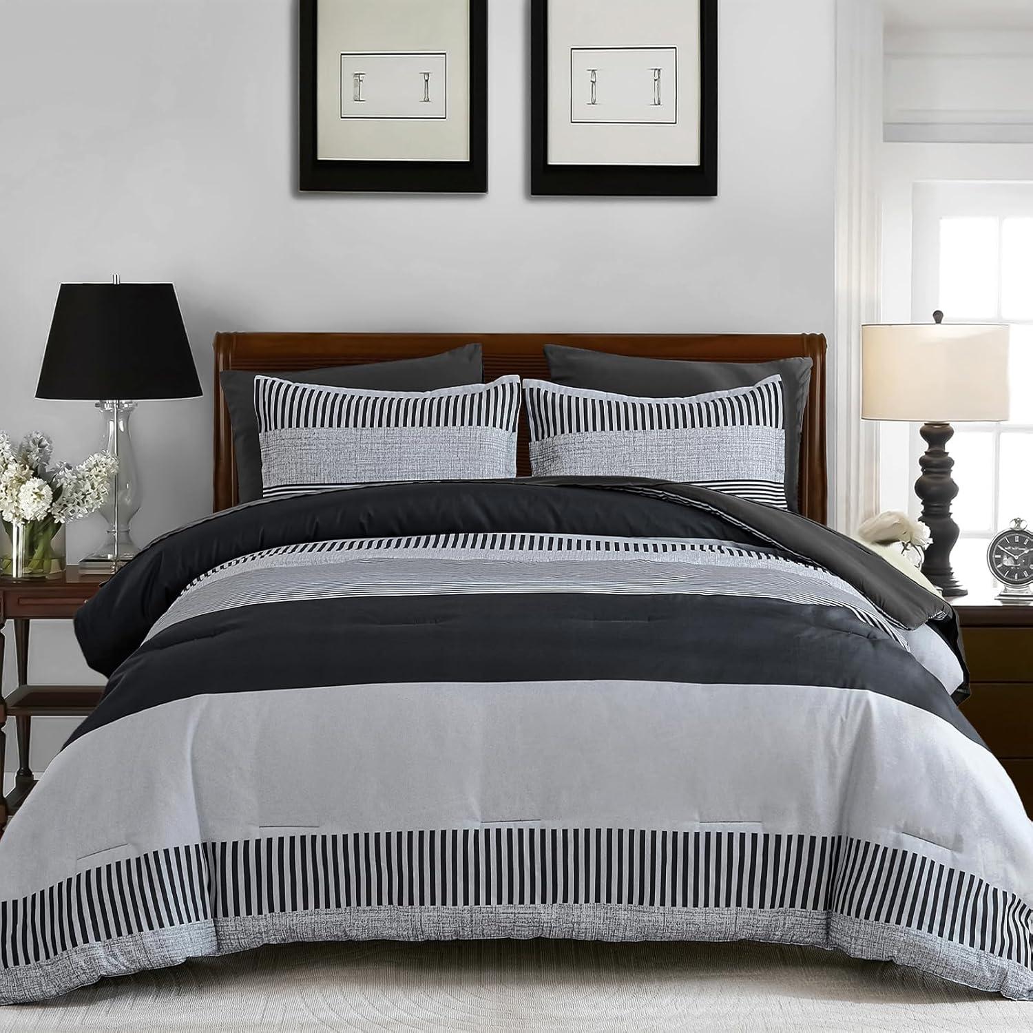 imageBlue Comforter Set Queen SizeBoho Striped Comforters for Boys ampamp Girls7 Pieces Bed in A Bag Simple NeutralStyle Bedding Sets for Kids TeenDark Gray