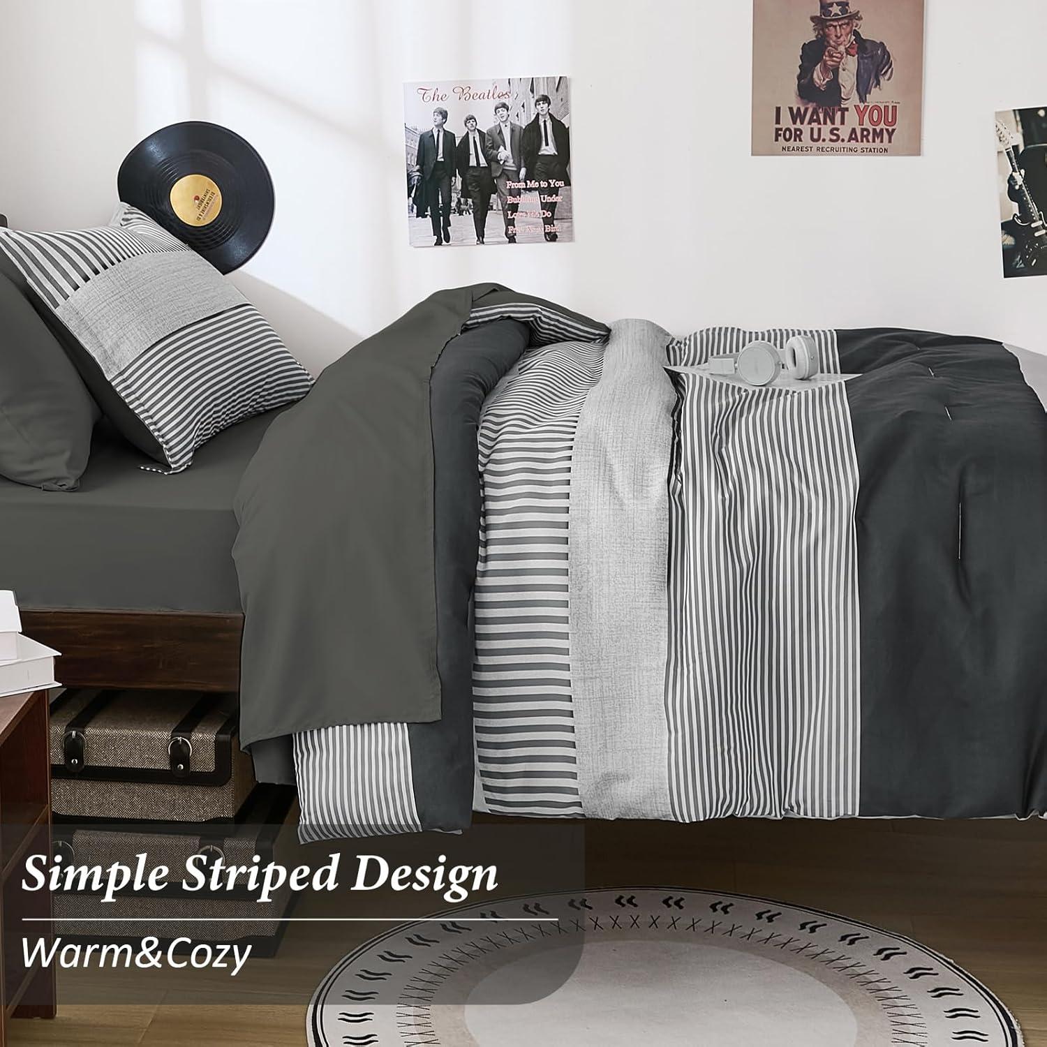 imageBlue Comforter Set Queen SizeBoho Striped Comforters for Boys ampamp Girls7 Pieces Bed in A Bag Simple NeutralStyle Bedding Sets for Kids TeenDark Gray