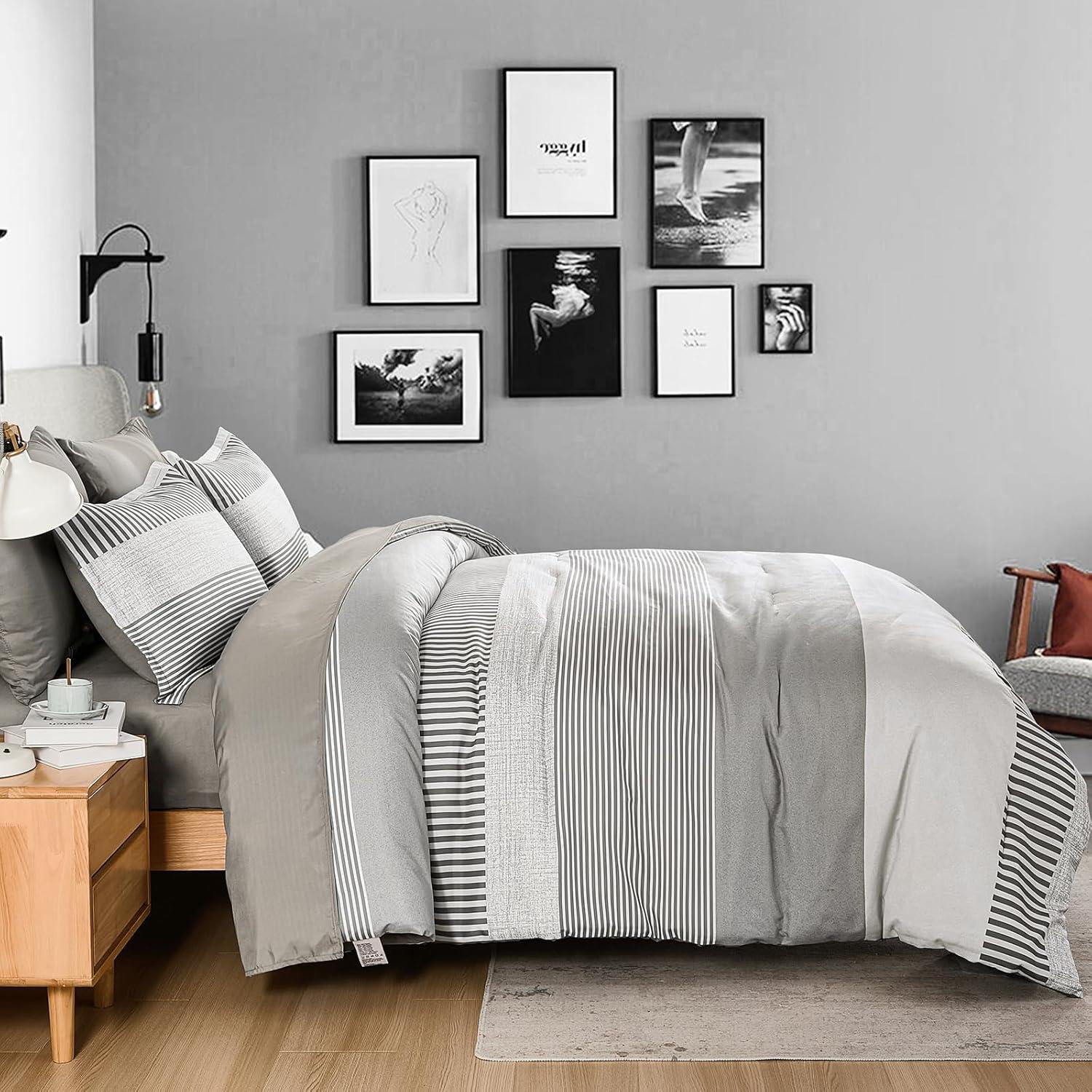 imageBlue Comforter Set Queen SizeBoho Striped Comforters for Boys ampamp Girls7 Pieces Bed in A Bag Simple NeutralStyle Bedding Sets for Kids TeenGray