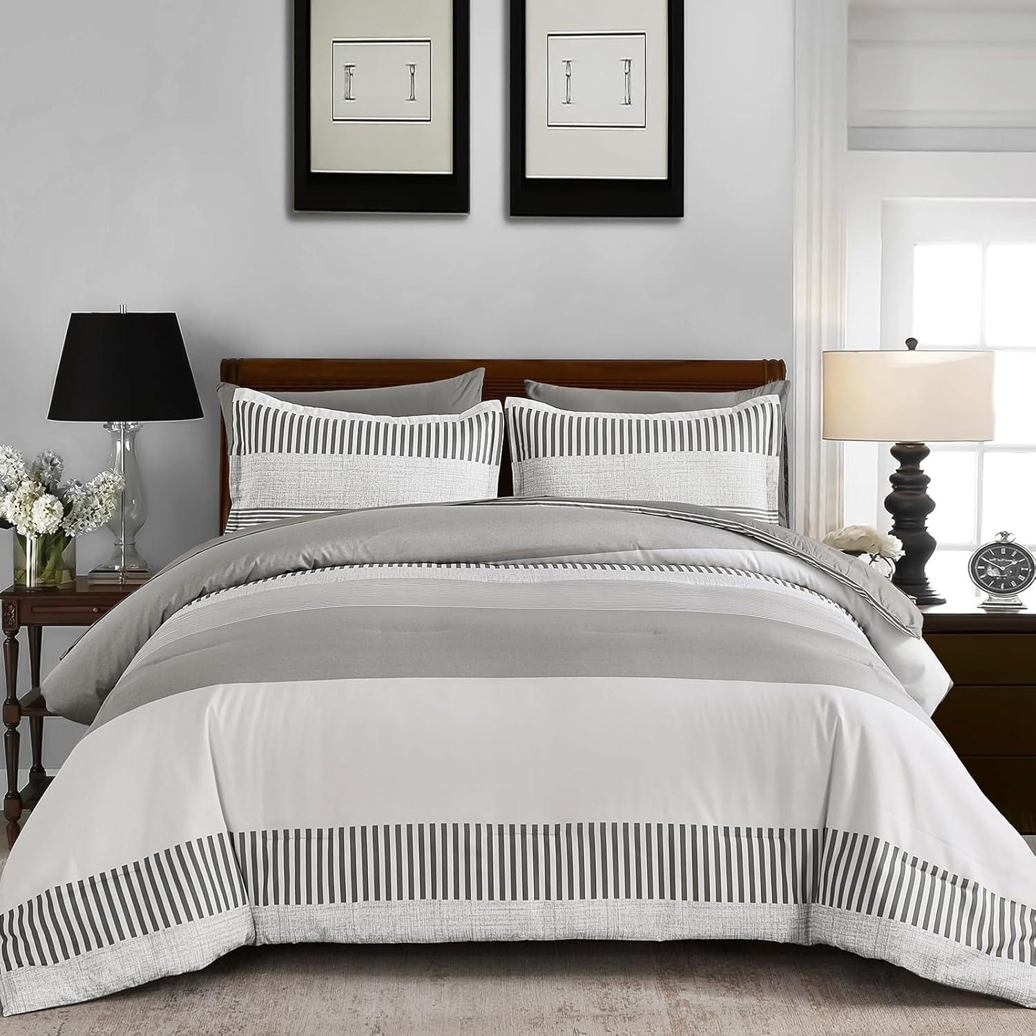 imageBlue Comforter Set Queen SizeBoho Striped Comforters for Boys ampamp Girls7 Pieces Bed in A Bag Simple NeutralStyle Bedding Sets for Kids TeenGray