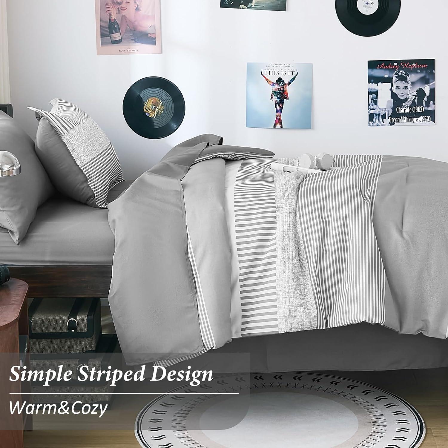 imageBlue Comforter Set Queen SizeBoho Striped Comforters for Boys ampamp Girls7 Pieces Bed in A Bag Simple NeutralStyle Bedding Sets for Kids TeenGray