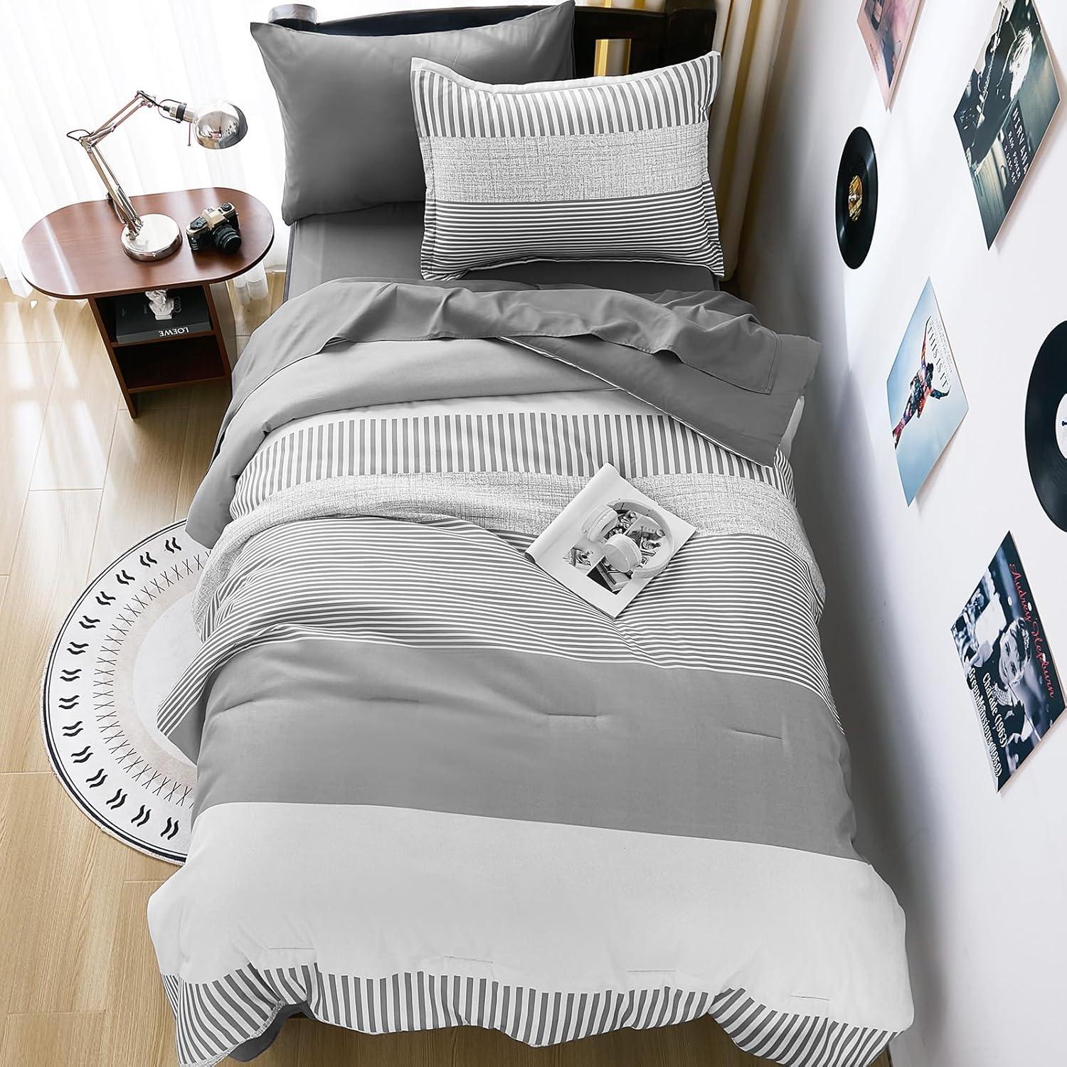 imageBlue Comforter Set Queen SizeBoho Striped Comforters for Boys ampamp Girls7 Pieces Bed in A Bag Simple NeutralStyle Bedding Sets for Kids TeenGray