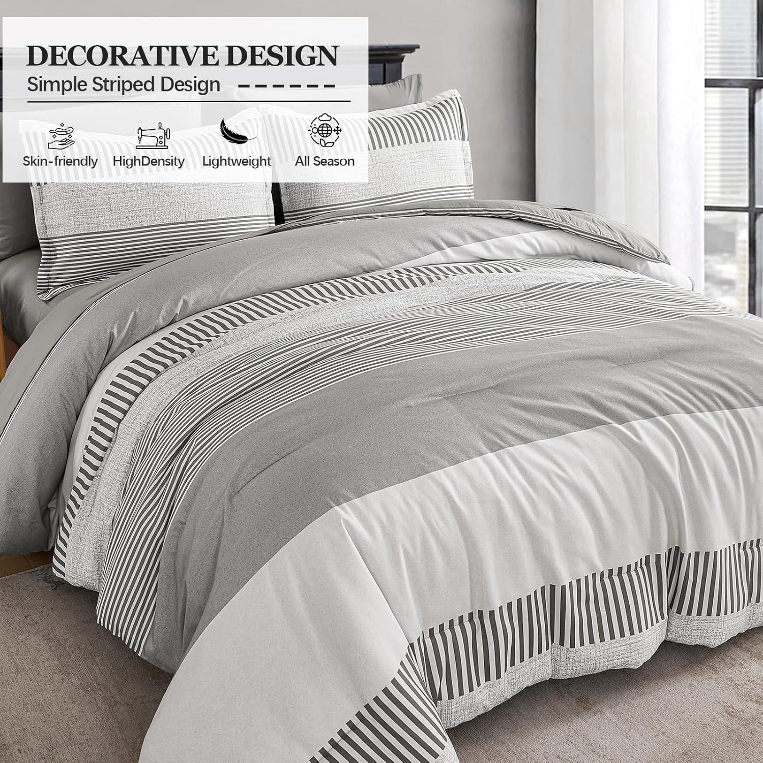 imageBlue Comforter Set Queen SizeBoho Striped Comforters for Boys ampamp Girls7 Pieces Bed in A Bag Simple NeutralStyle Bedding Sets for Kids TeenGray