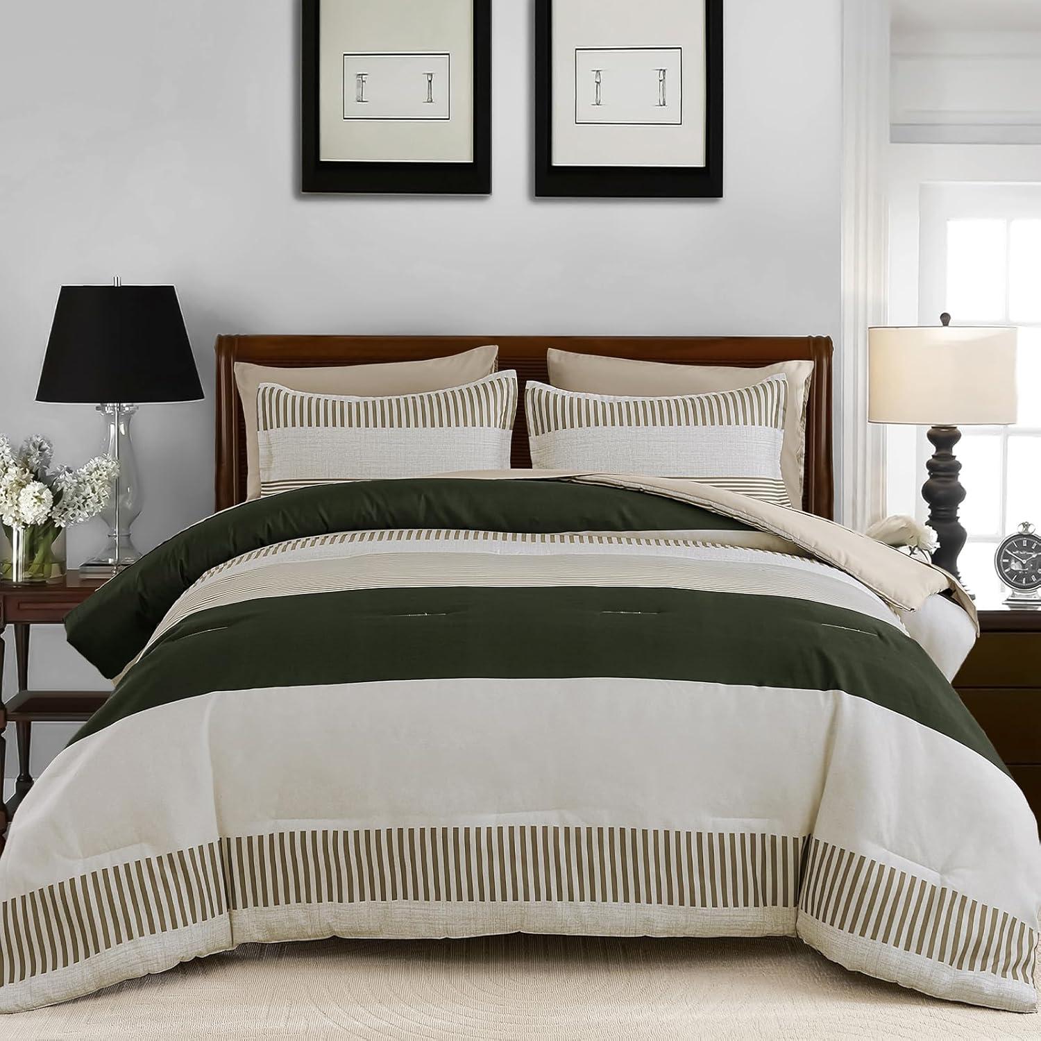imageBlue Comforter Set Queen SizeBoho Striped Comforters for Boys ampamp Girls7 Pieces Bed in A Bag Simple NeutralStyle Bedding Sets for Kids TeenOlive Green