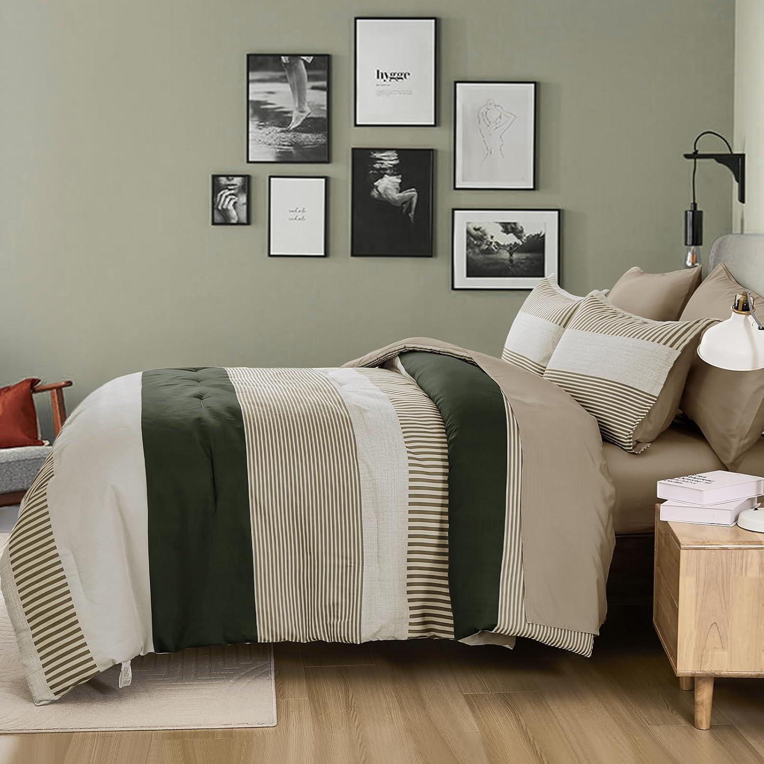 imageBlue Comforter Set Queen SizeBoho Striped Comforters for Boys ampamp Girls7 Pieces Bed in A Bag Simple NeutralStyle Bedding Sets for Kids TeenOlive Green