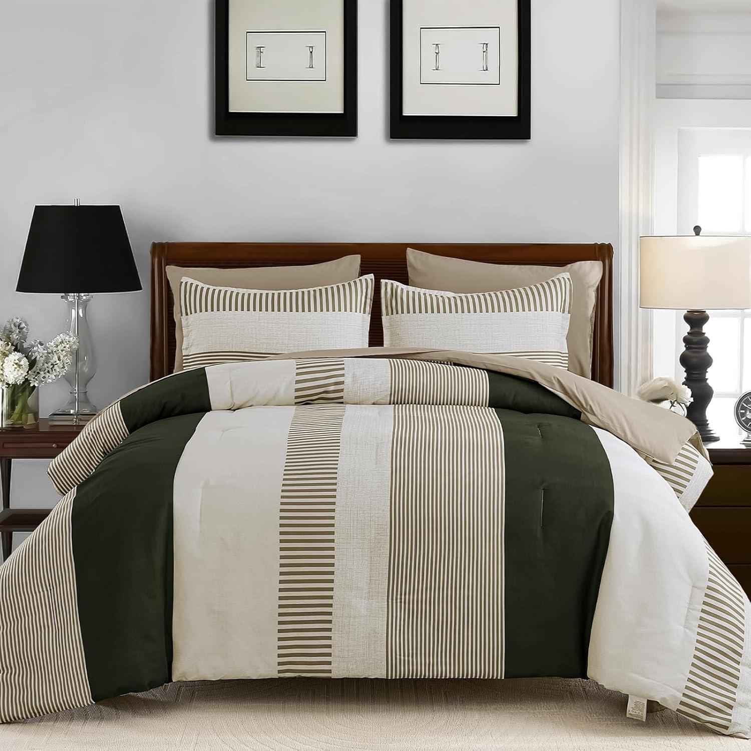 imageBlue Comforter Set Queen SizeBoho Striped Comforters for Boys ampamp Girls7 Pieces Bed in A Bag Simple NeutralStyle Bedding Sets for Kids TeenOlive Green