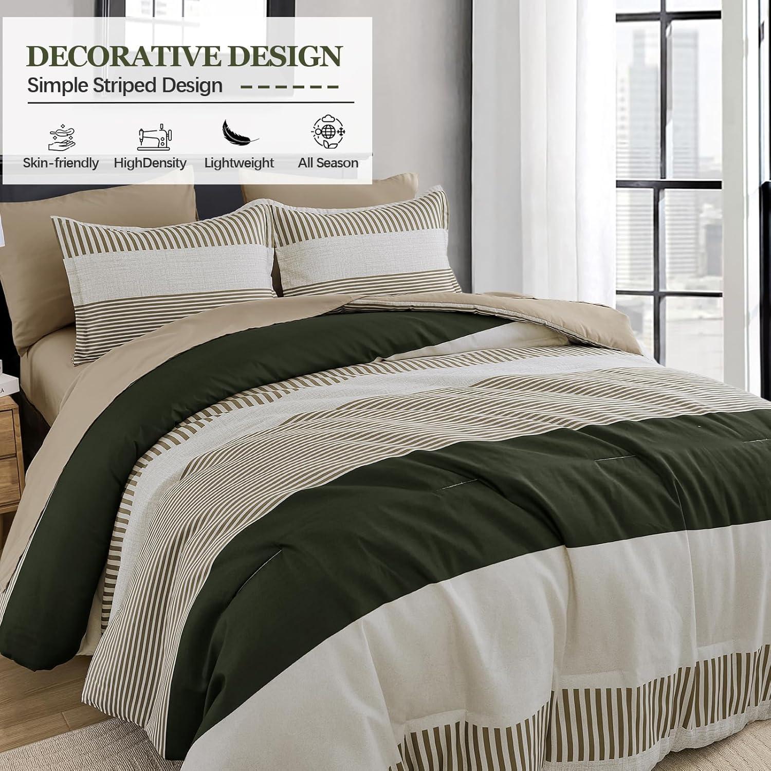 imageBlue Comforter Set Queen SizeBoho Striped Comforters for Boys ampamp Girls7 Pieces Bed in A Bag Simple NeutralStyle Bedding Sets for Kids TeenOlive Green