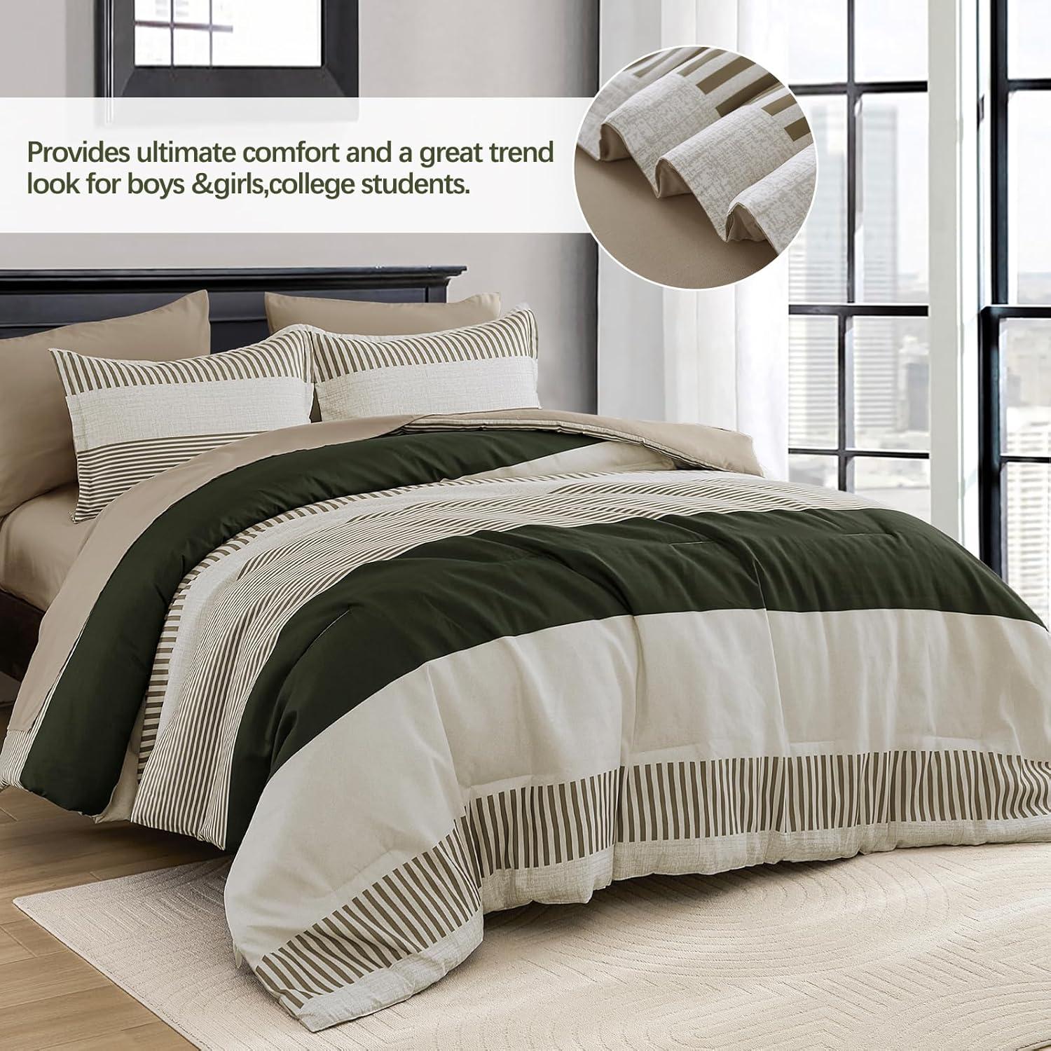 imageBlue Comforter Set Queen SizeBoho Striped Comforters for Boys ampamp Girls7 Pieces Bed in A Bag Simple NeutralStyle Bedding Sets for Kids TeenOlive Green