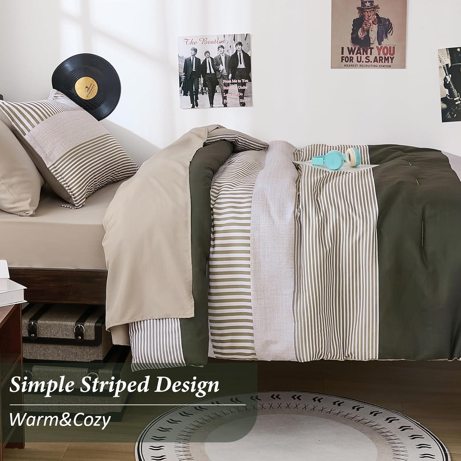 imageBlue Comforter Set Queen SizeBoho Striped Comforters for Boys ampamp Girls7 Pieces Bed in A Bag Simple NeutralStyle Bedding Sets for Kids TeenOlive Green