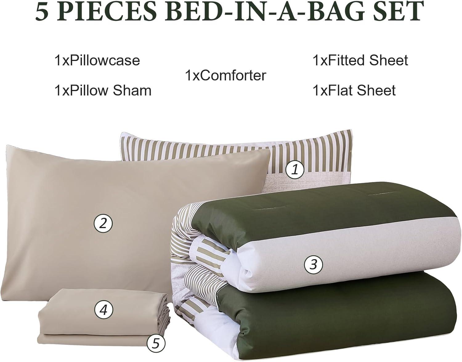 imageBlue Comforter Set Queen SizeBoho Striped Comforters for Boys ampamp Girls7 Pieces Bed in A Bag Simple NeutralStyle Bedding Sets for Kids TeenOlive Green