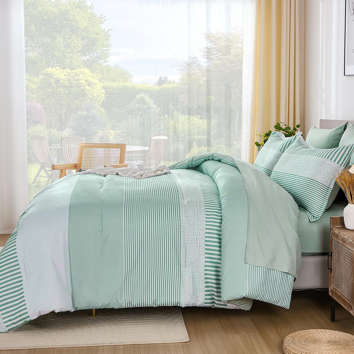 imageBlue Comforter Set Queen SizeBoho Striped Comforters for Boys ampamp Girls7 Pieces Bed in A Bag Simple NeutralStyle Bedding Sets for Kids TeenSage Green