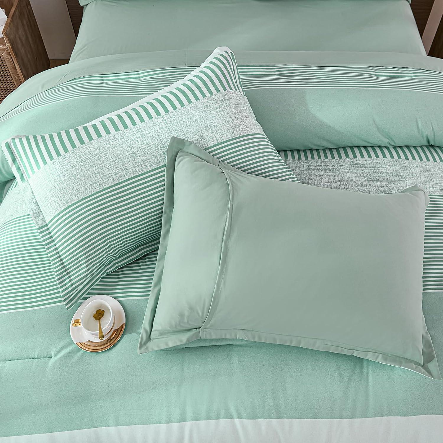 imageBlue Comforter Set Queen SizeBoho Striped Comforters for Boys ampamp Girls7 Pieces Bed in A Bag Simple NeutralStyle Bedding Sets for Kids TeenSage Green