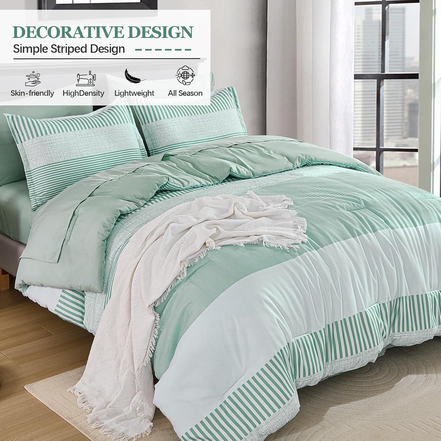 imageBlue Comforter Set Queen SizeBoho Striped Comforters for Boys ampamp Girls7 Pieces Bed in A Bag Simple NeutralStyle Bedding Sets for Kids TeenSage Green