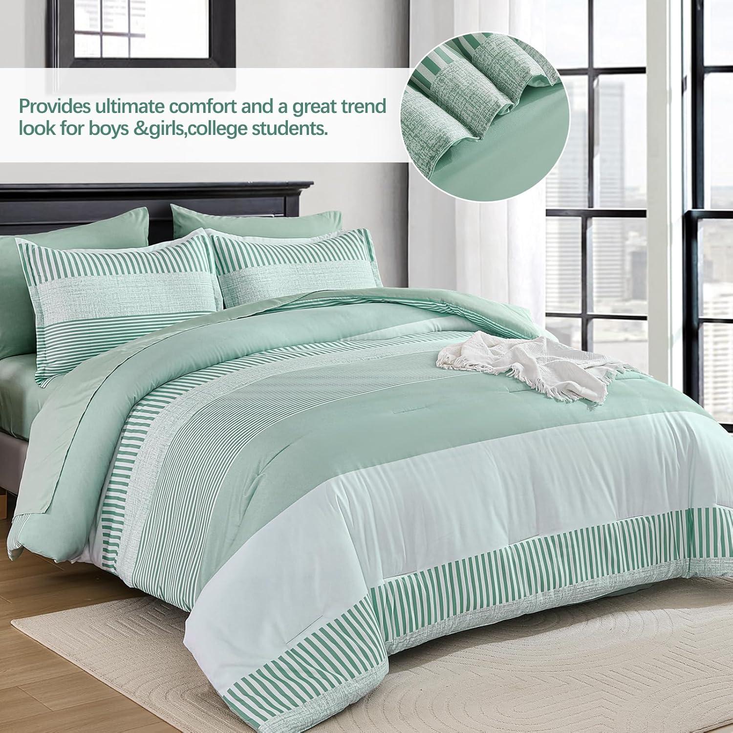 imageBlue Comforter Set Queen SizeBoho Striped Comforters for Boys ampamp Girls7 Pieces Bed in A Bag Simple NeutralStyle Bedding Sets for Kids TeenSage Green