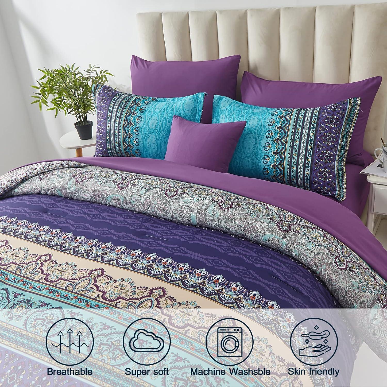 imageBoho Queen Comforter Set 8 Pieces Teal Comforter Bohemian Striped Bed in A BagSoft Microfiber Bedding Set for All SeasonsAqua