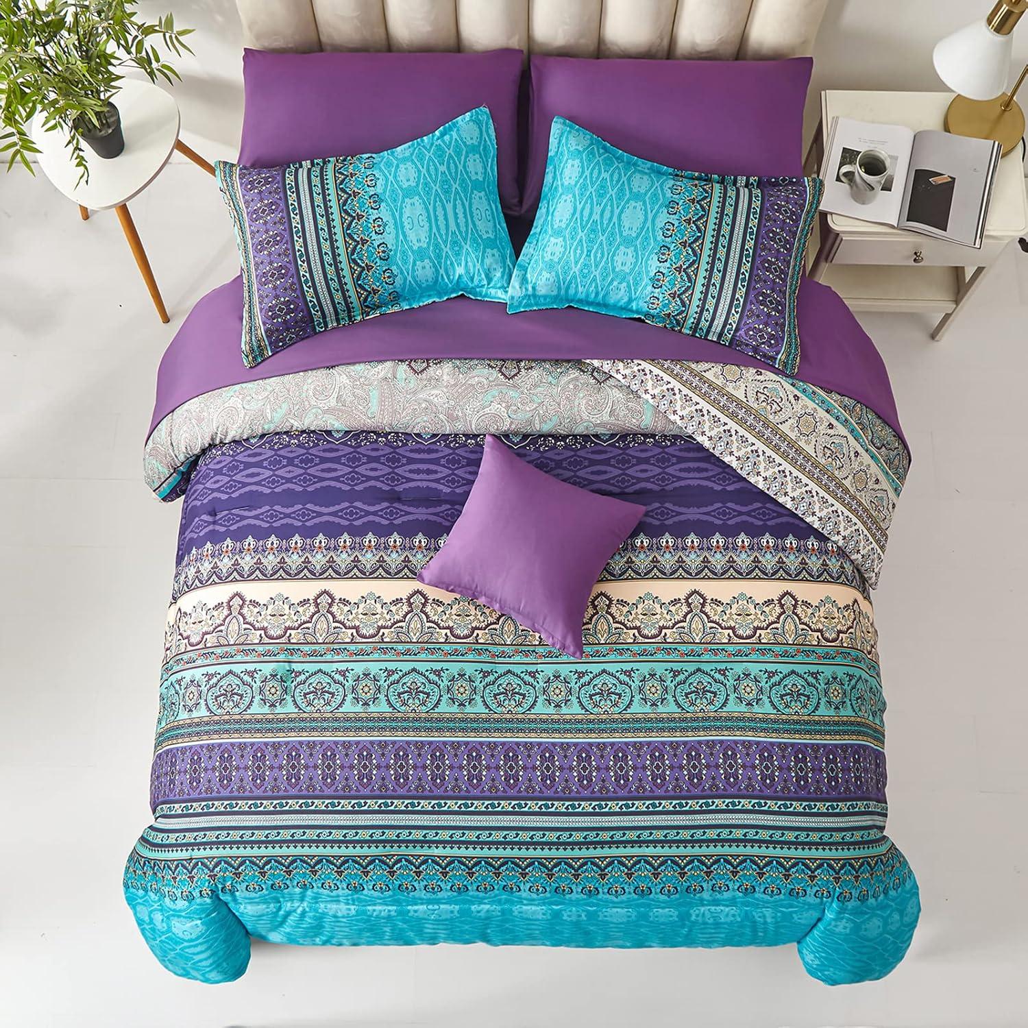 imageBoho Queen Comforter Set 8 Pieces Teal Comforter Bohemian Striped Bed in A BagSoft Microfiber Bedding Set for All SeasonsAqua