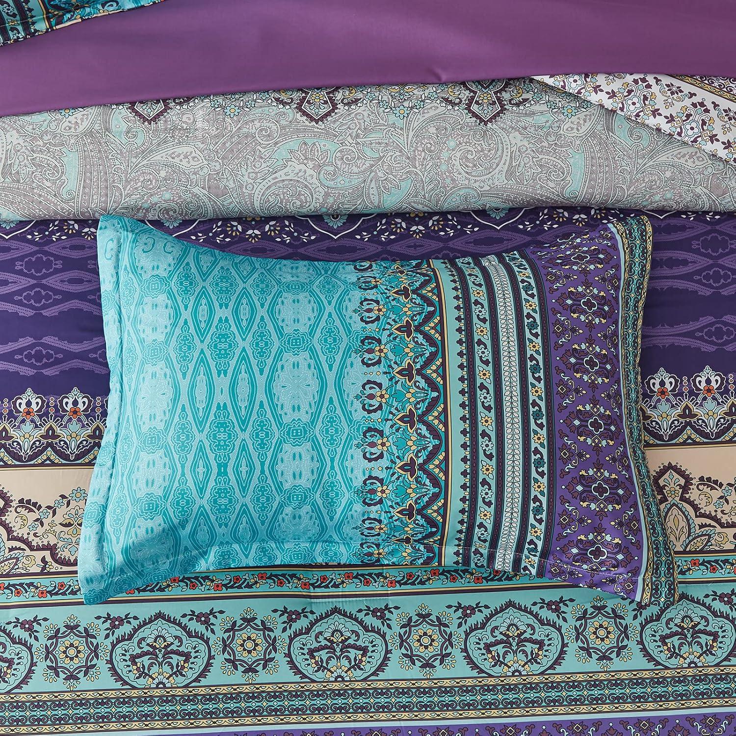 imageBoho Queen Comforter Set 8 Pieces Teal Comforter Bohemian Striped Bed in A BagSoft Microfiber Bedding Set for All SeasonsAqua