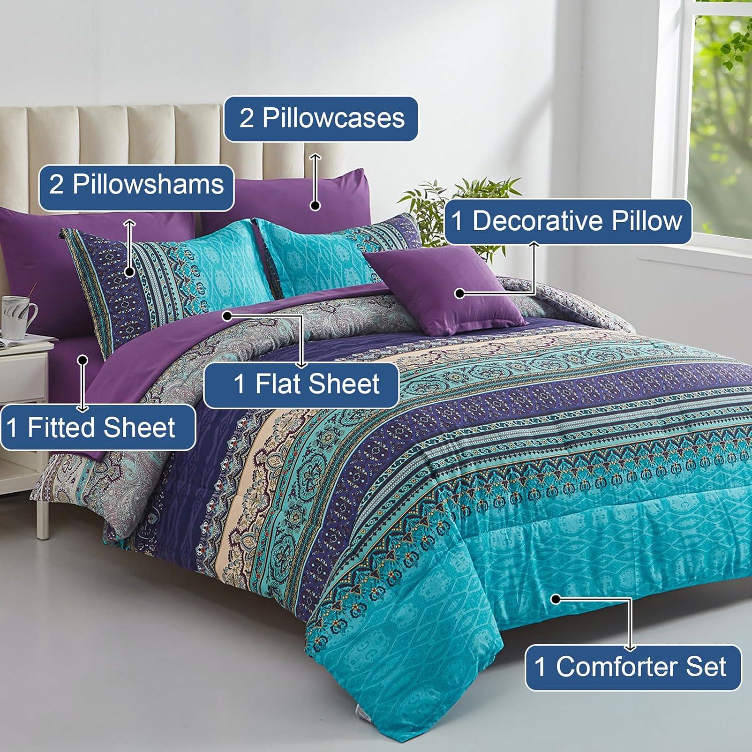 imageBoho Queen Comforter Set 8 Pieces Teal Comforter Bohemian Striped Bed in A BagSoft Microfiber Bedding Set for All SeasonsAqua