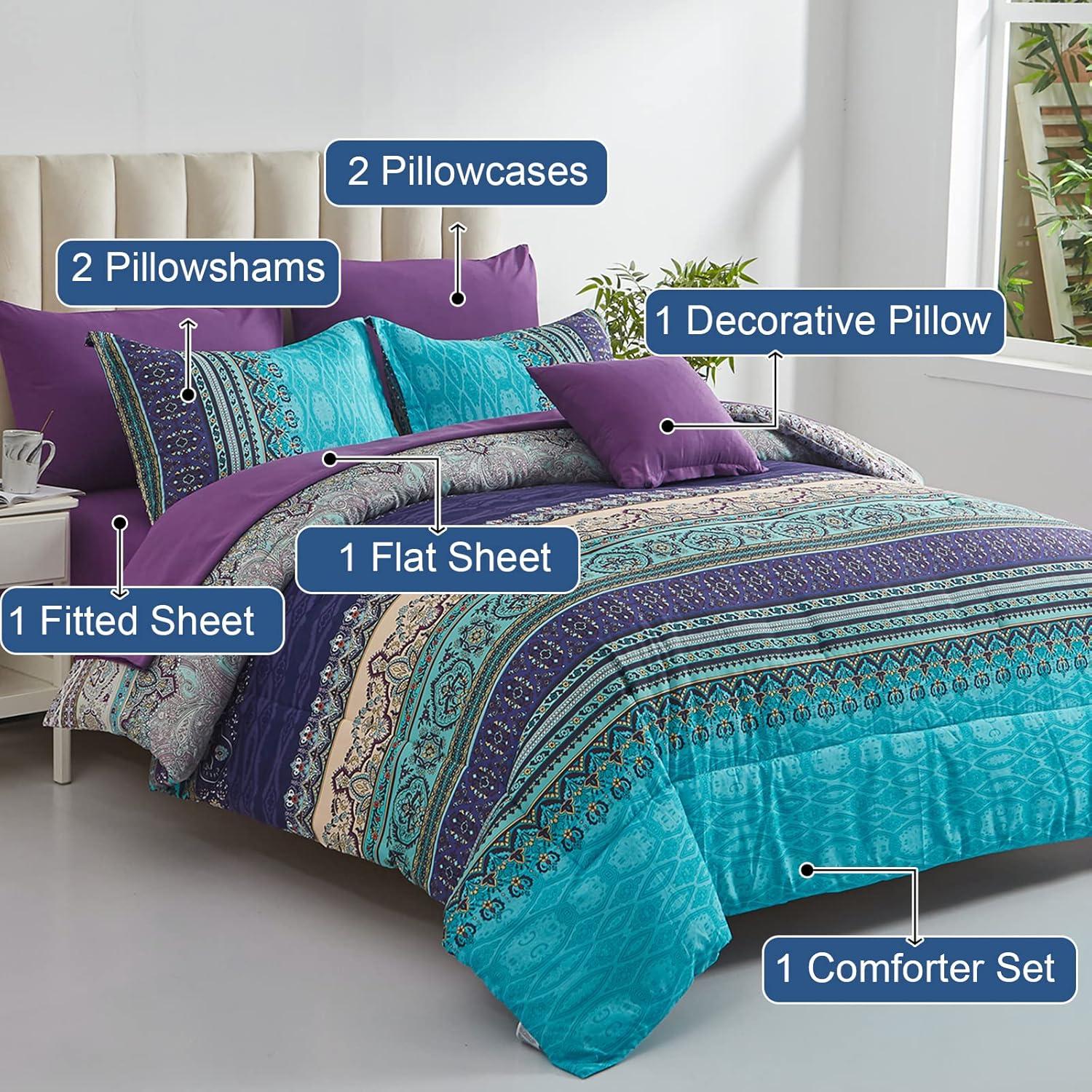 imageBoho Queen Comforter Set 8 Pieces Teal Comforter Bohemian Striped Bed in A BagSoft Microfiber Bedding Set for All SeasonsAqua