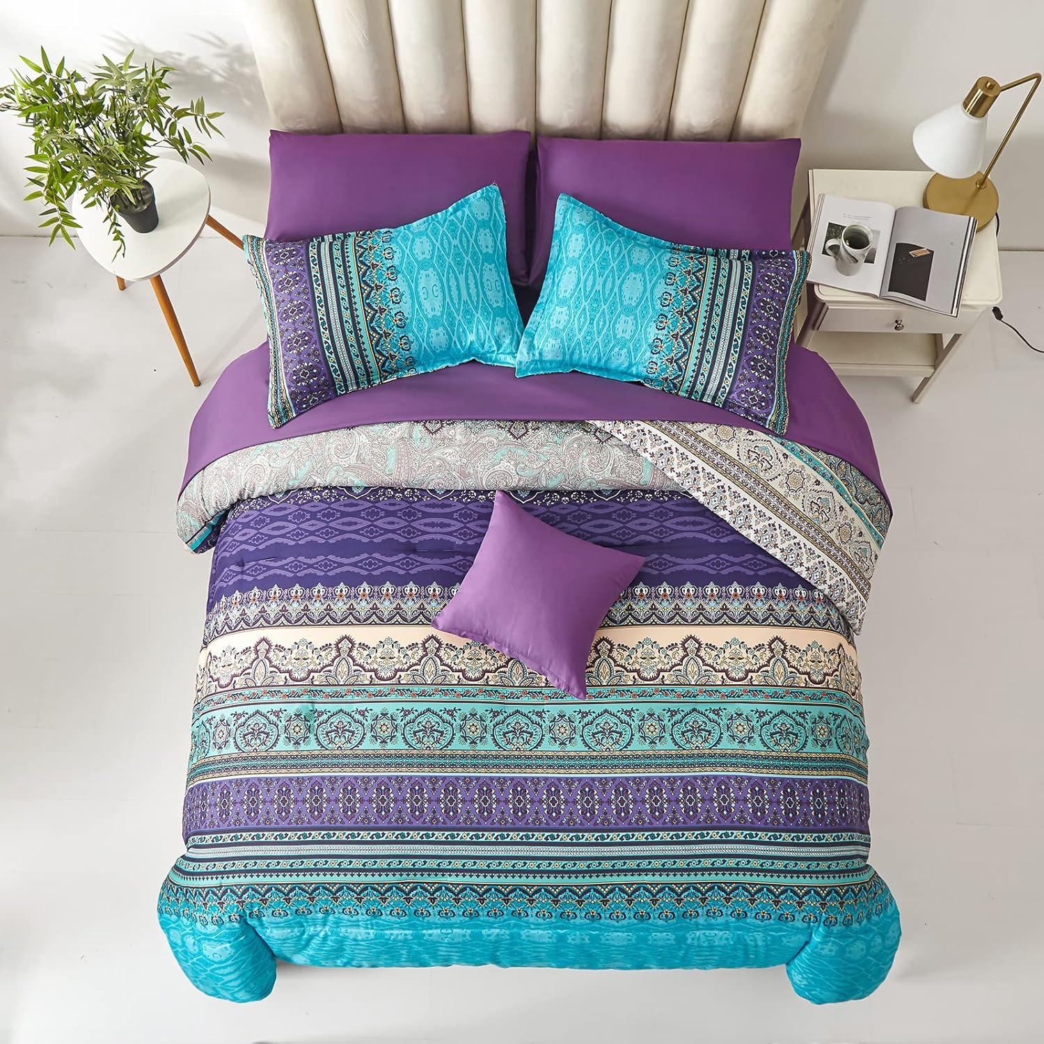 imageBoho Queen Comforter Set 8 Pieces Teal Comforter Bohemian Striped Bed in A BagSoft Microfiber Bedding Set for All SeasonsAqua